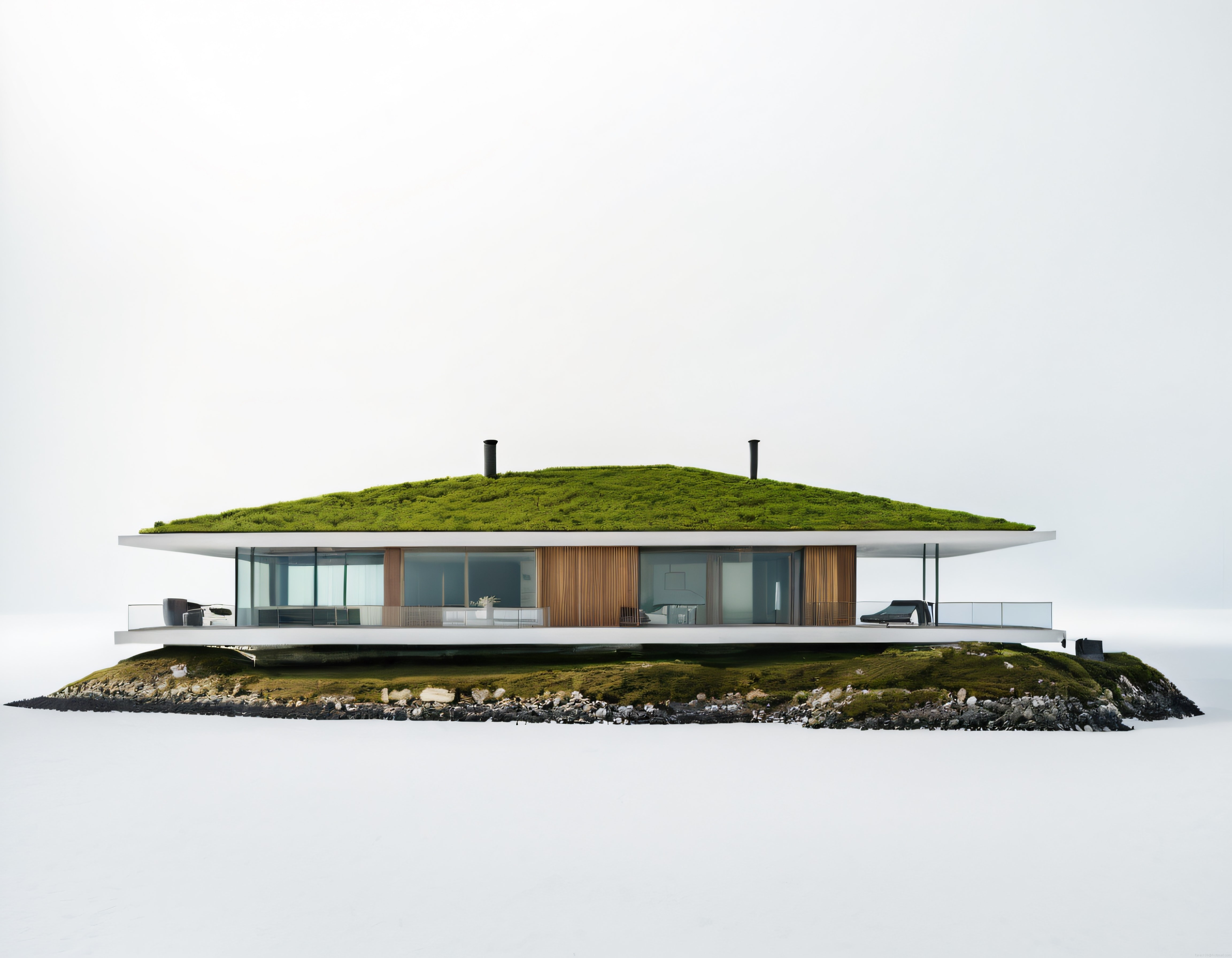Yeşil Çatılı Minimalist Ev: Beyaz Sisler Arasındaki Ekolojik Mimari