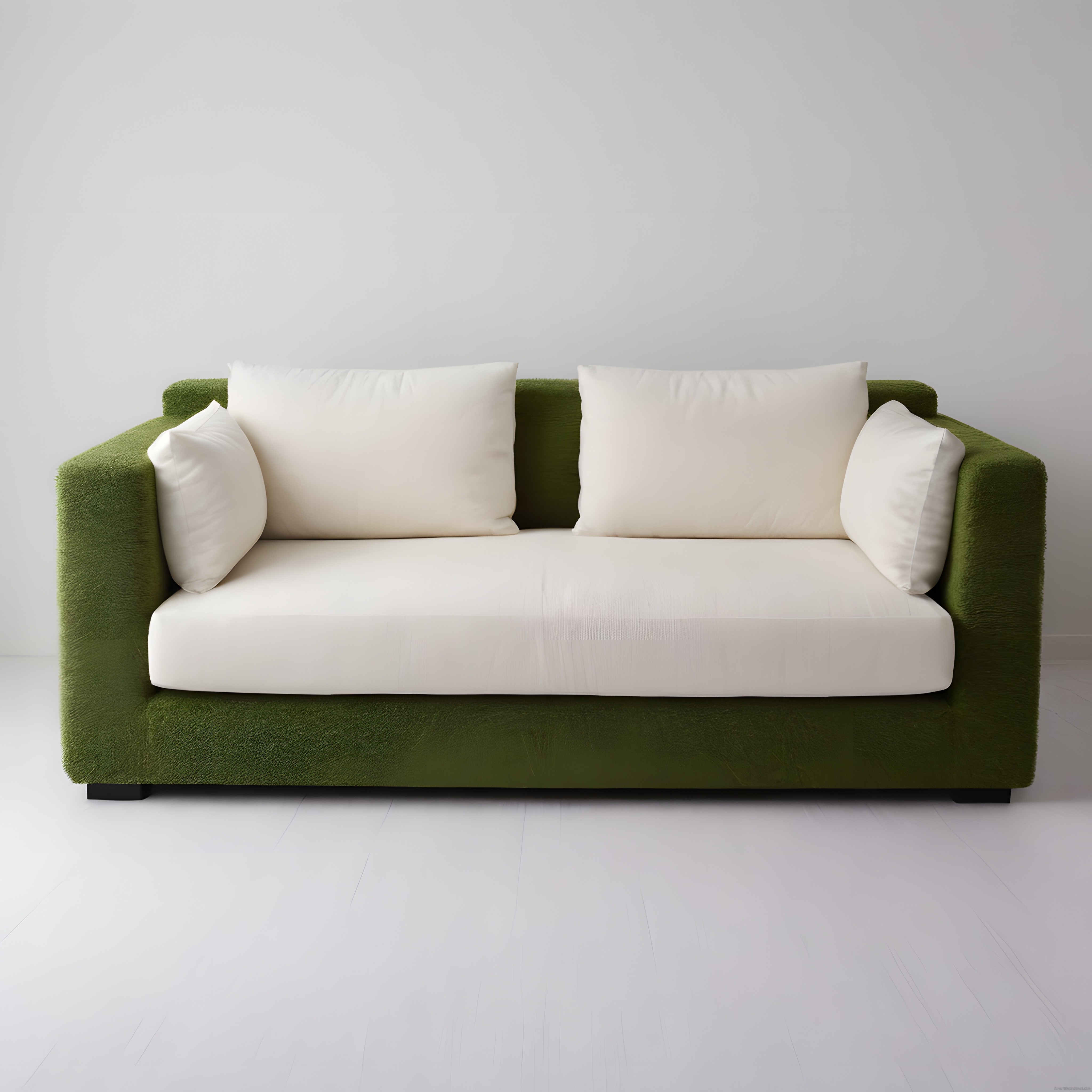 Yeşil çim dokulu şık kanepe ve beyaz minderlerle minimalist ev dekorasyonu