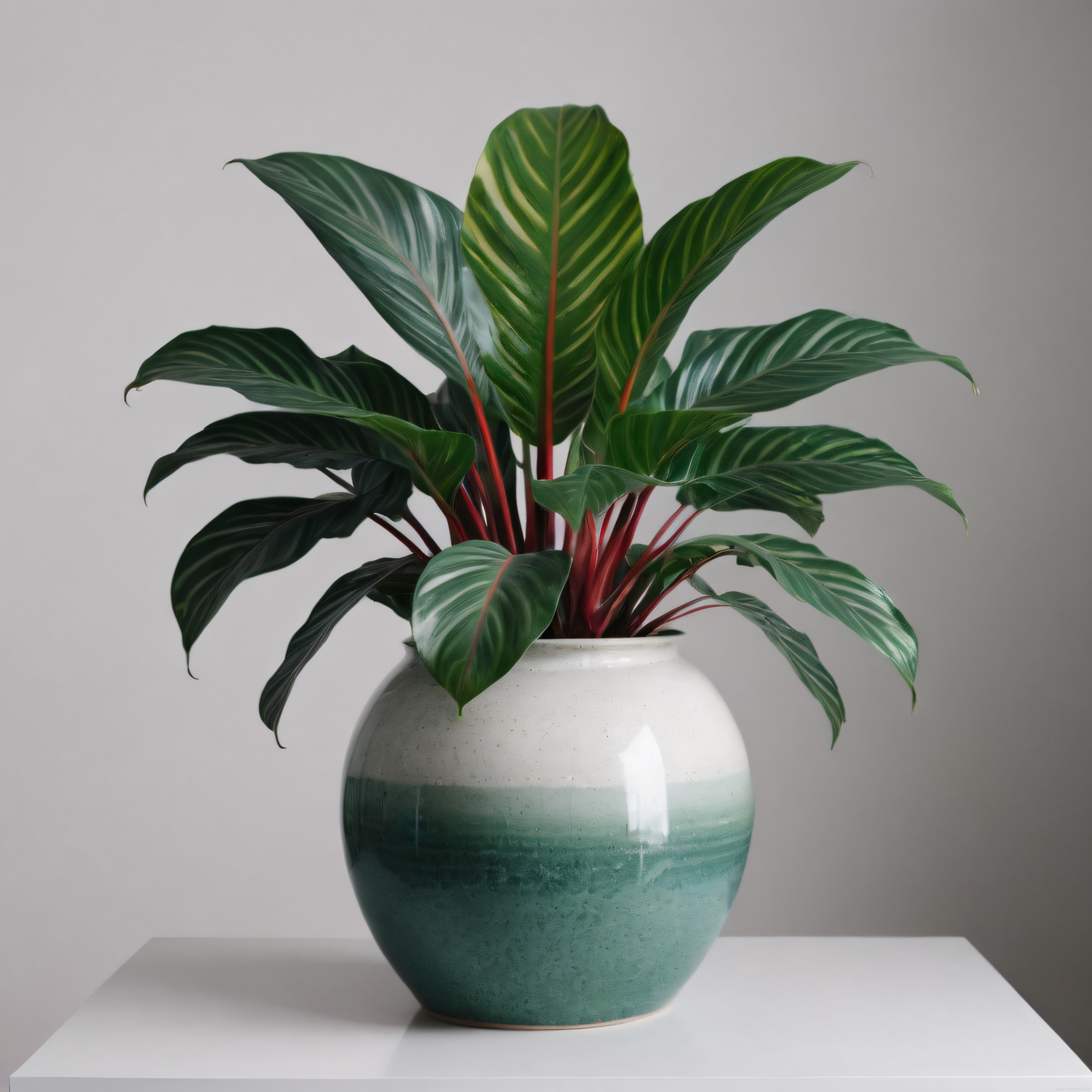 Yeşil Çizgili Calathea Bitkisi ve Seramik Saksıda Minimalist Ev Dekoru