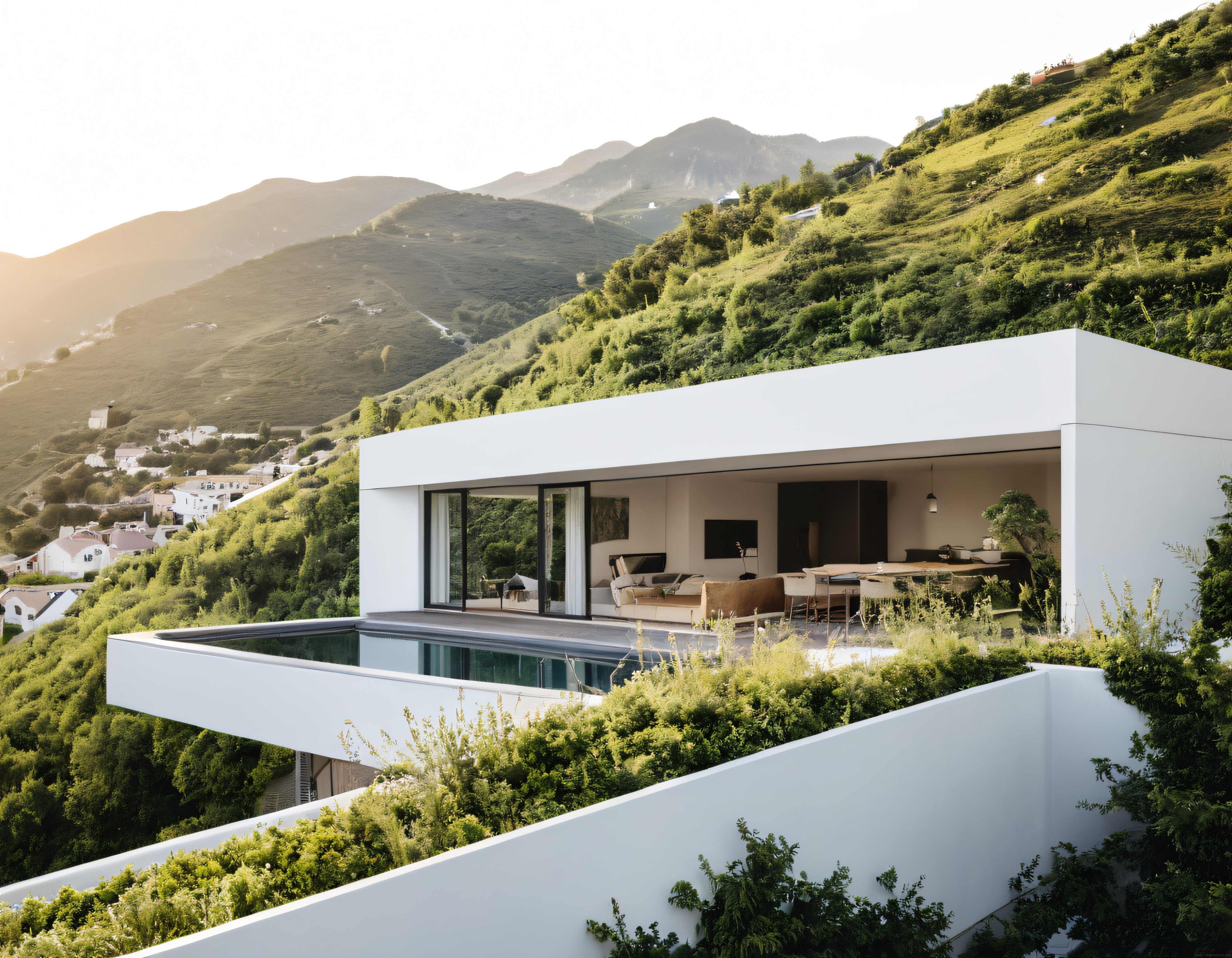 Yeşil dağ eteğindeki modern beyaz villa, sonsuz havuz ve geniş doğa manzarası
