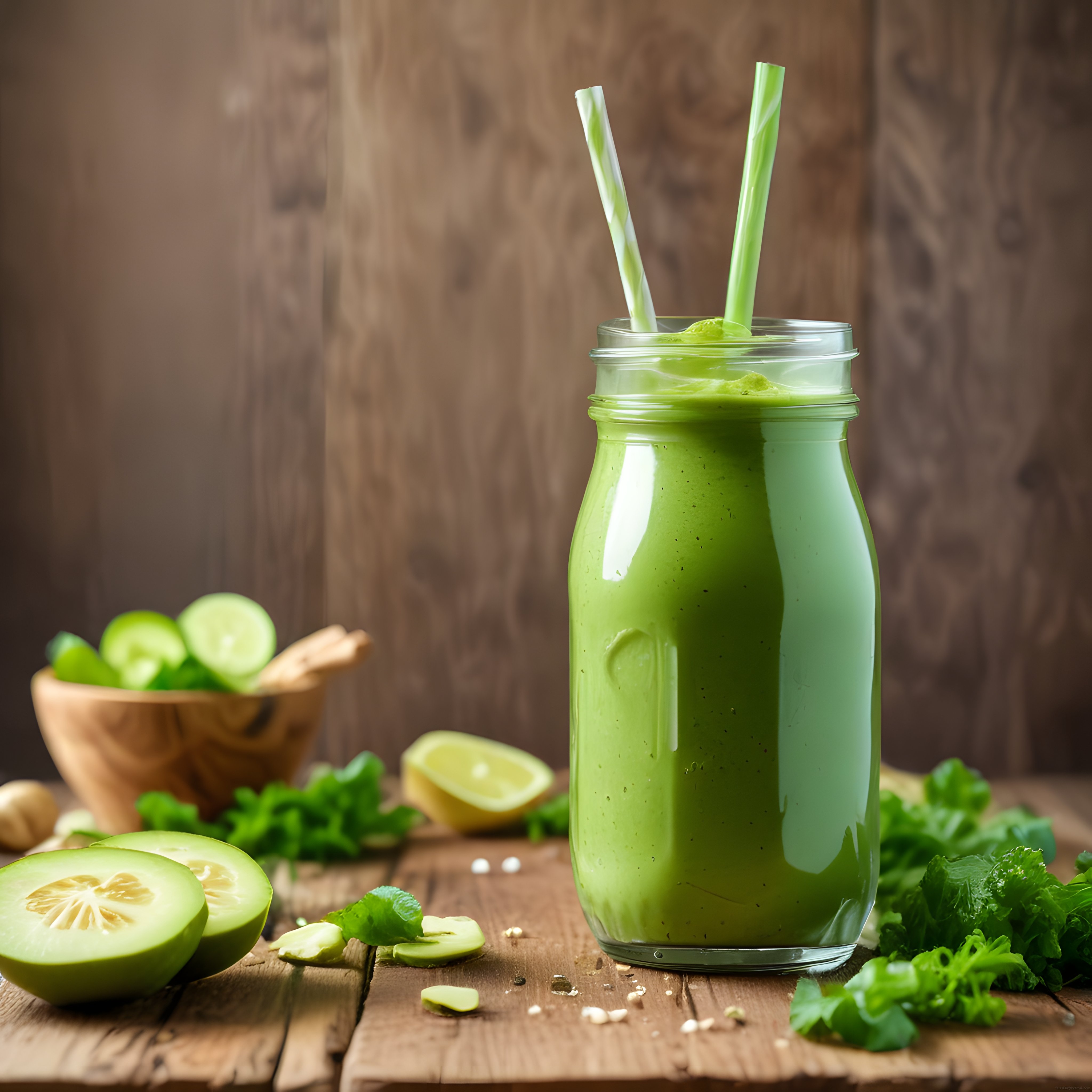 Yeşil Detoks Smoothie: Ahşap Mutfakta Ferahlatıcı Sağlıklı İçecek