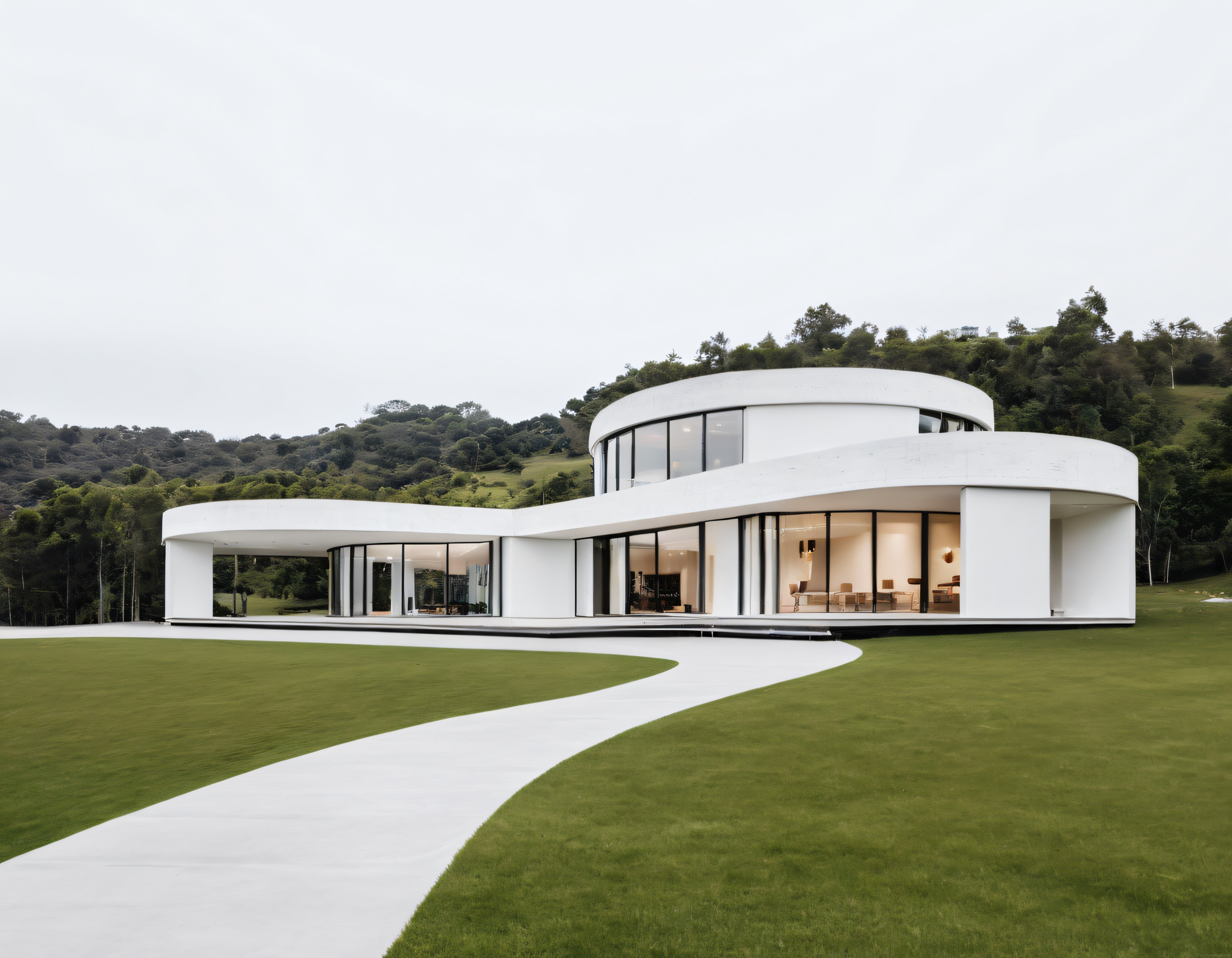 Yeşil Doğa İçinde Yerleşik Beyaz Modern Villa ve Akışkan Mimari Tasarım