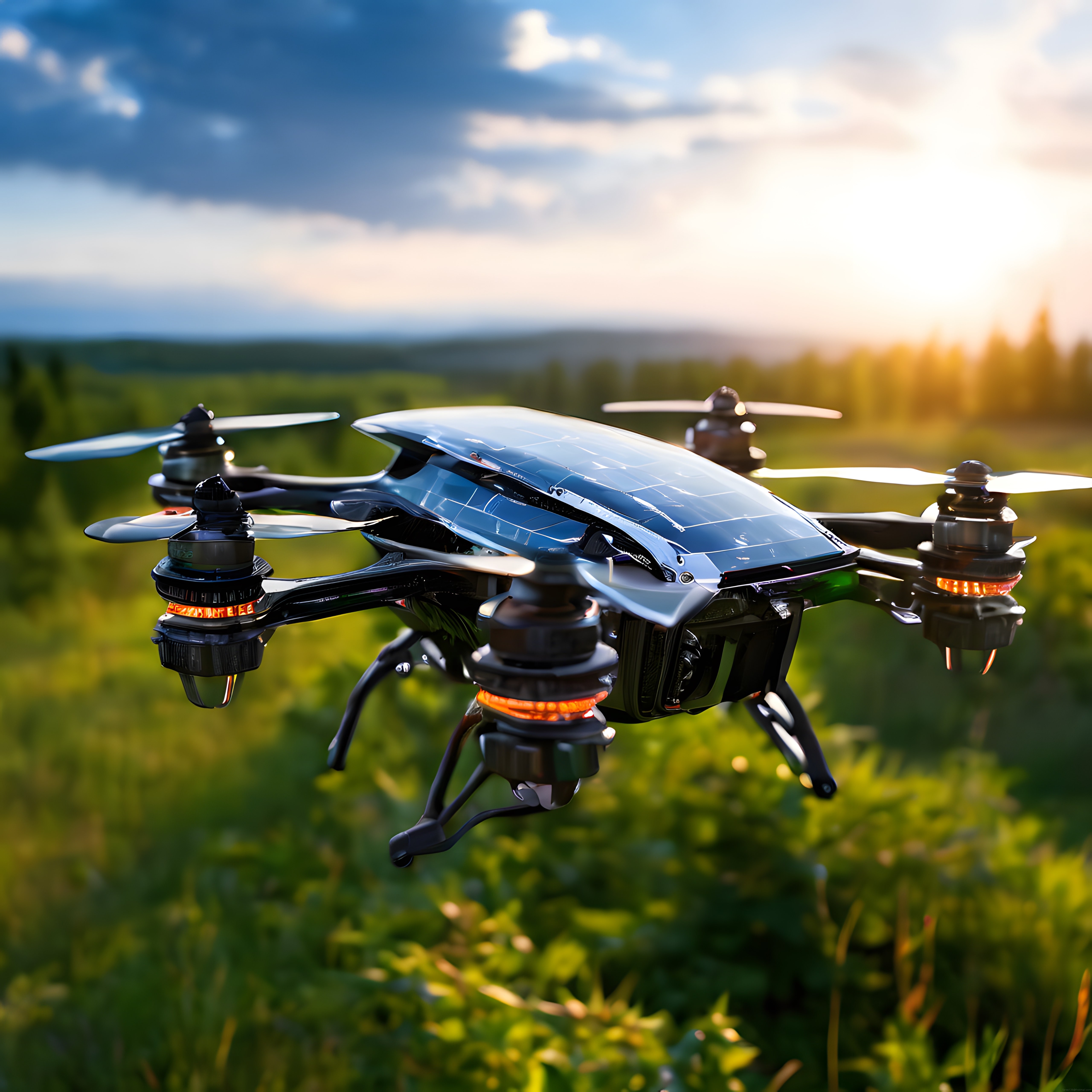 Yeşil Doğa Üzerinde Uçan Yüksek Teknoloji Drone ve Gün Batımı Manzarası