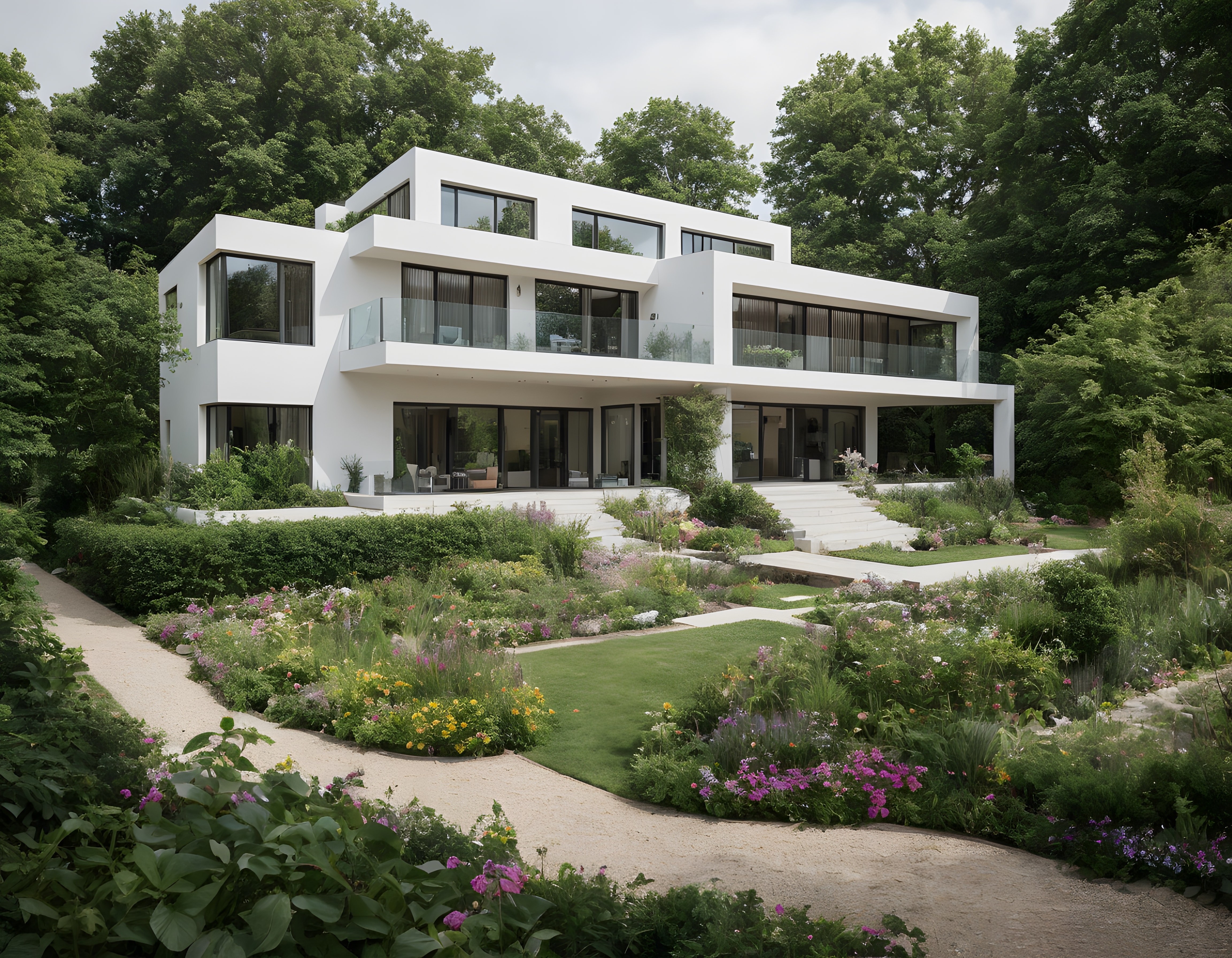 Yeşil Doğanın İçinde Gömülü Modern Beyaz Villa ve Bahçe Tasarımı