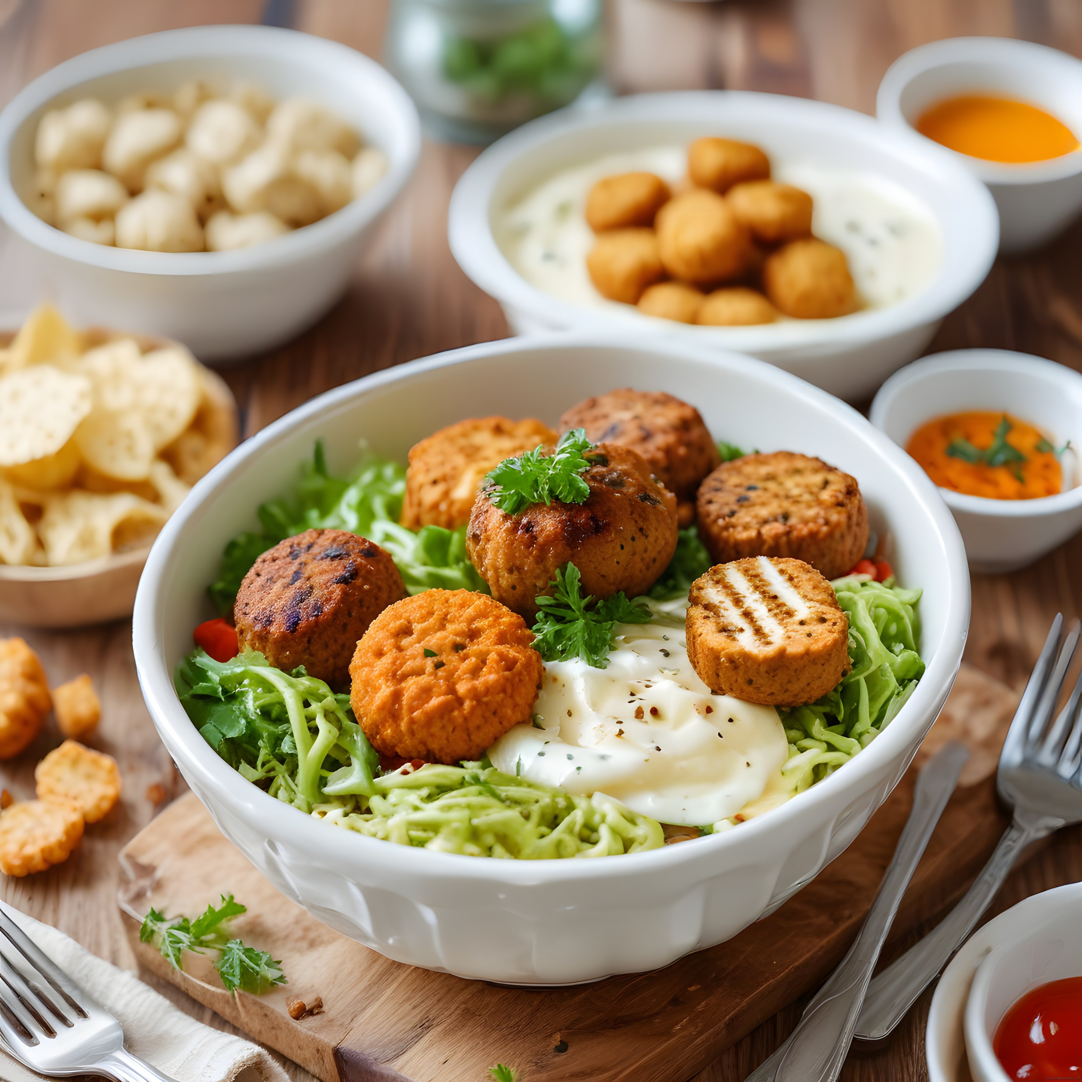 Yeşil erişte üzerine çıtır protein köfteleri ve yoğurtlu tahıl kasesi sunumu