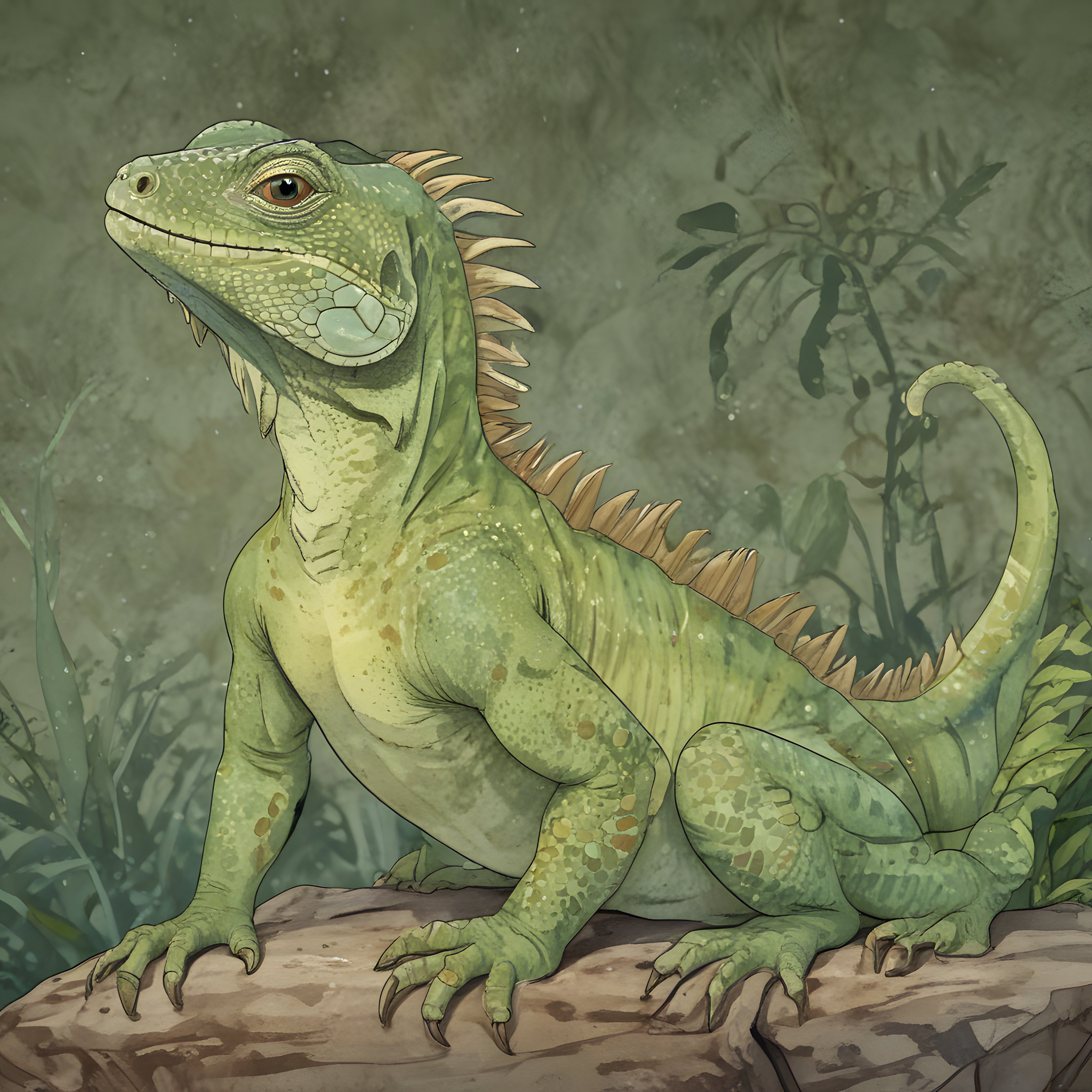 Yeşil Iguana İllüstrasyonu: Tropik Orman Ortamında Dijital Sanat Çalışması