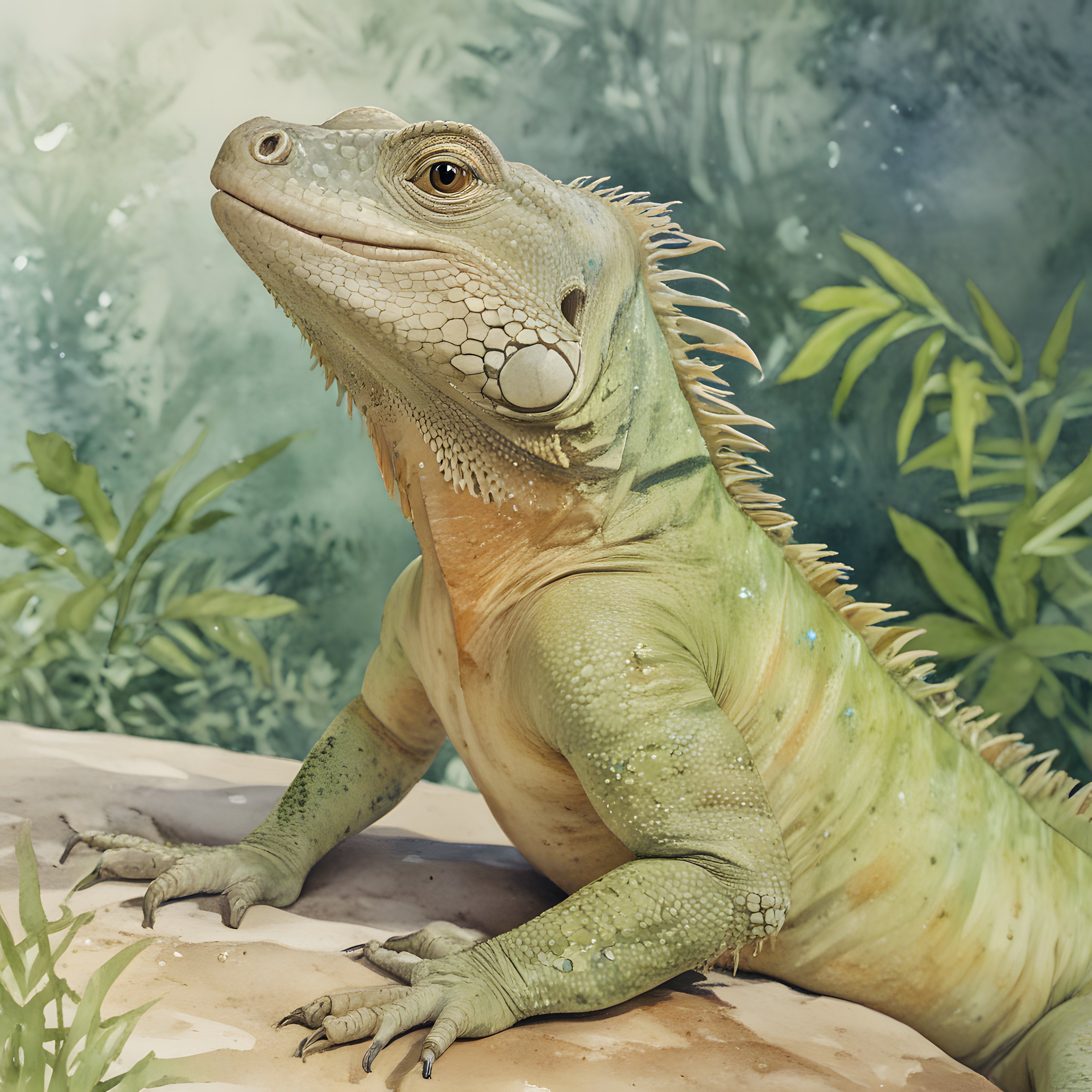 Yeşil Iguana: Nemli Ormanda Kaya Üzerindeki Egzotik Sürüngen Portresi