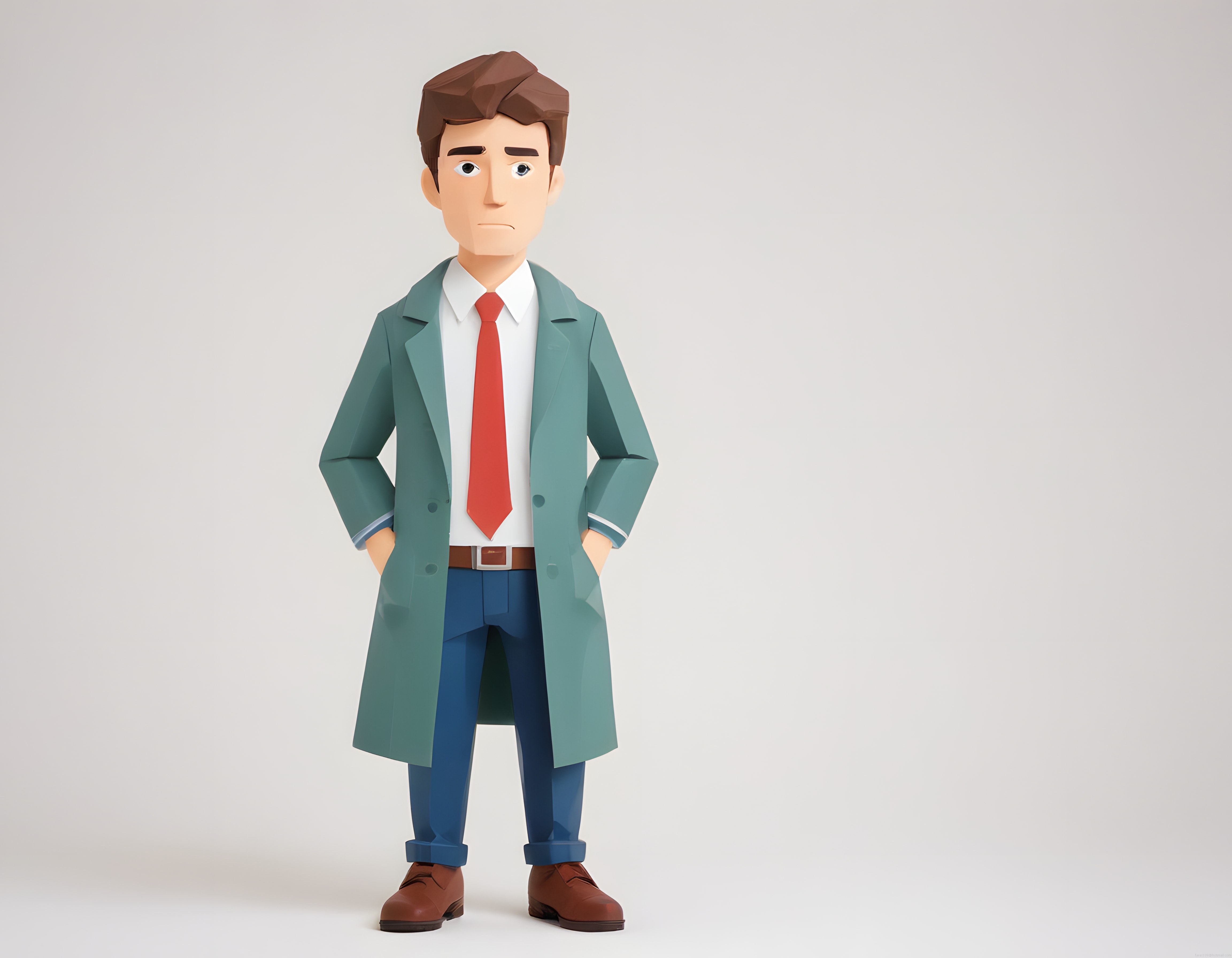 Yeşil Kabanlı ve Kırmızı Kravatlı Düşünceli Low Poly 3D Karakter Tasarımı
