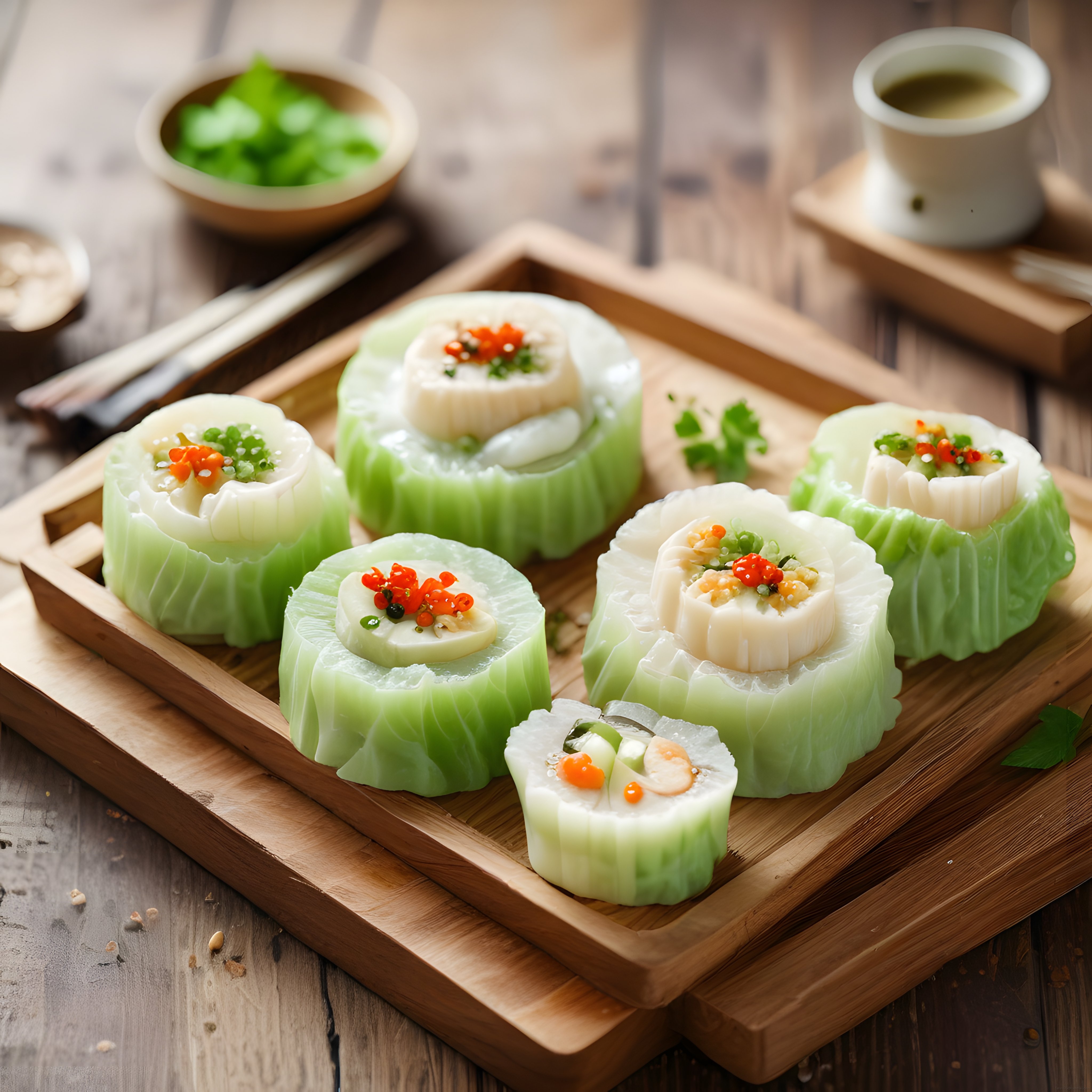 Yeşil Kaplamalı Taze Sushi Çeşitleri ve Japon Usulü Sos Sunumu