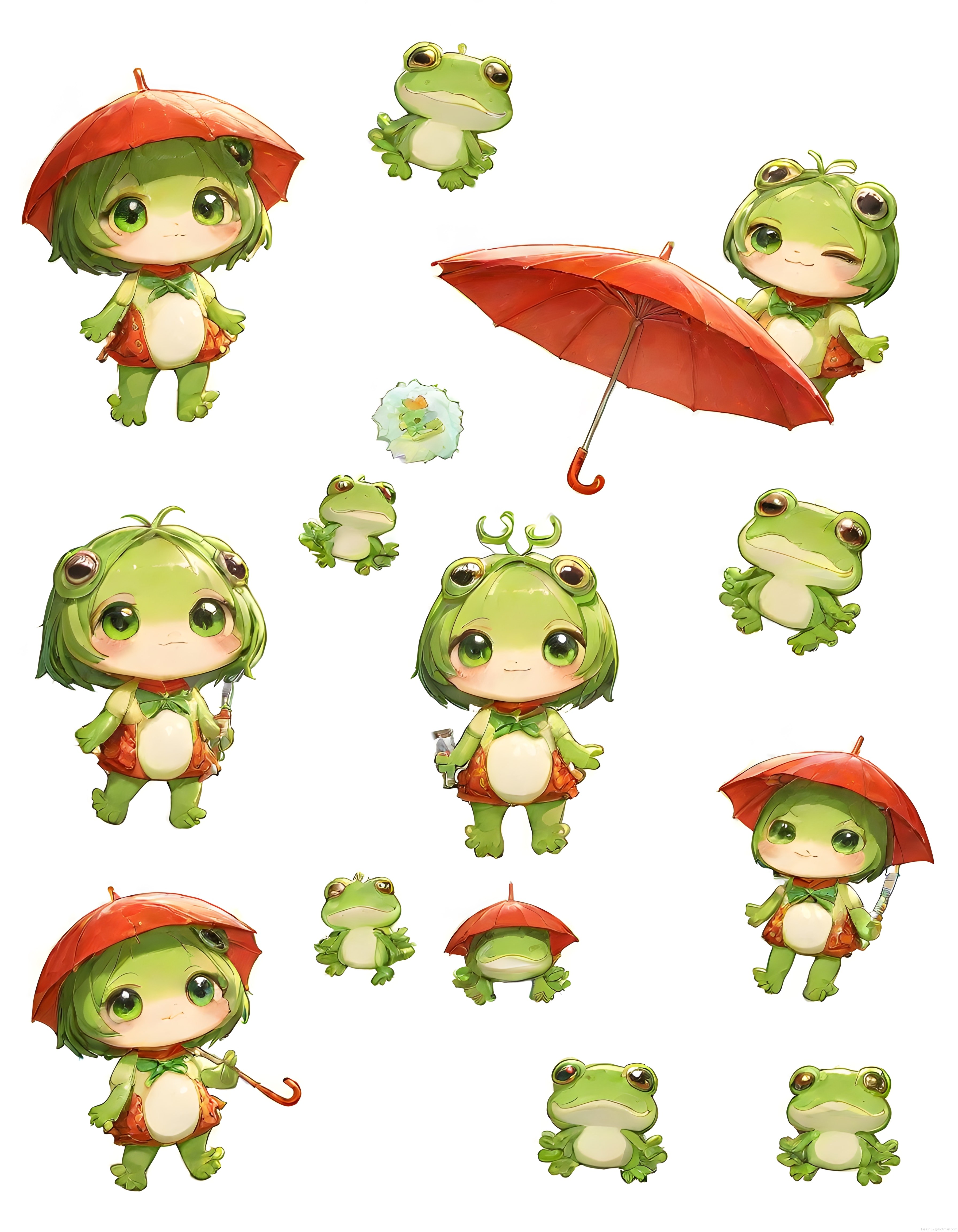 Yeşil Kurbağa Temalı Şemsiyeli Chibi Karakter ve Sevimli Kurbağa Çizimleri