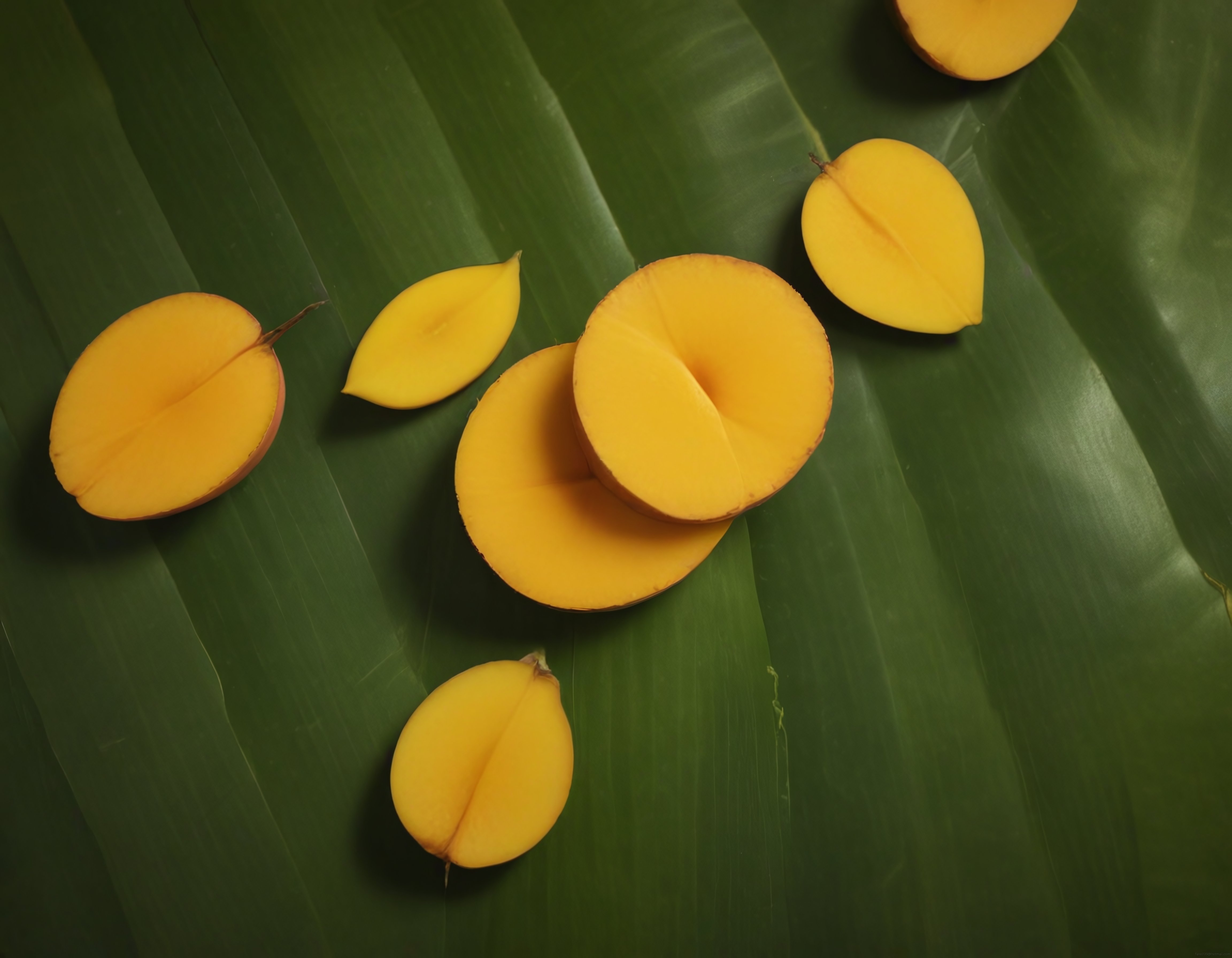 Yeşil Muz Yaprağı Üzerinde Sergilenen Taze Dilimlenmiş Mango Dilimleri