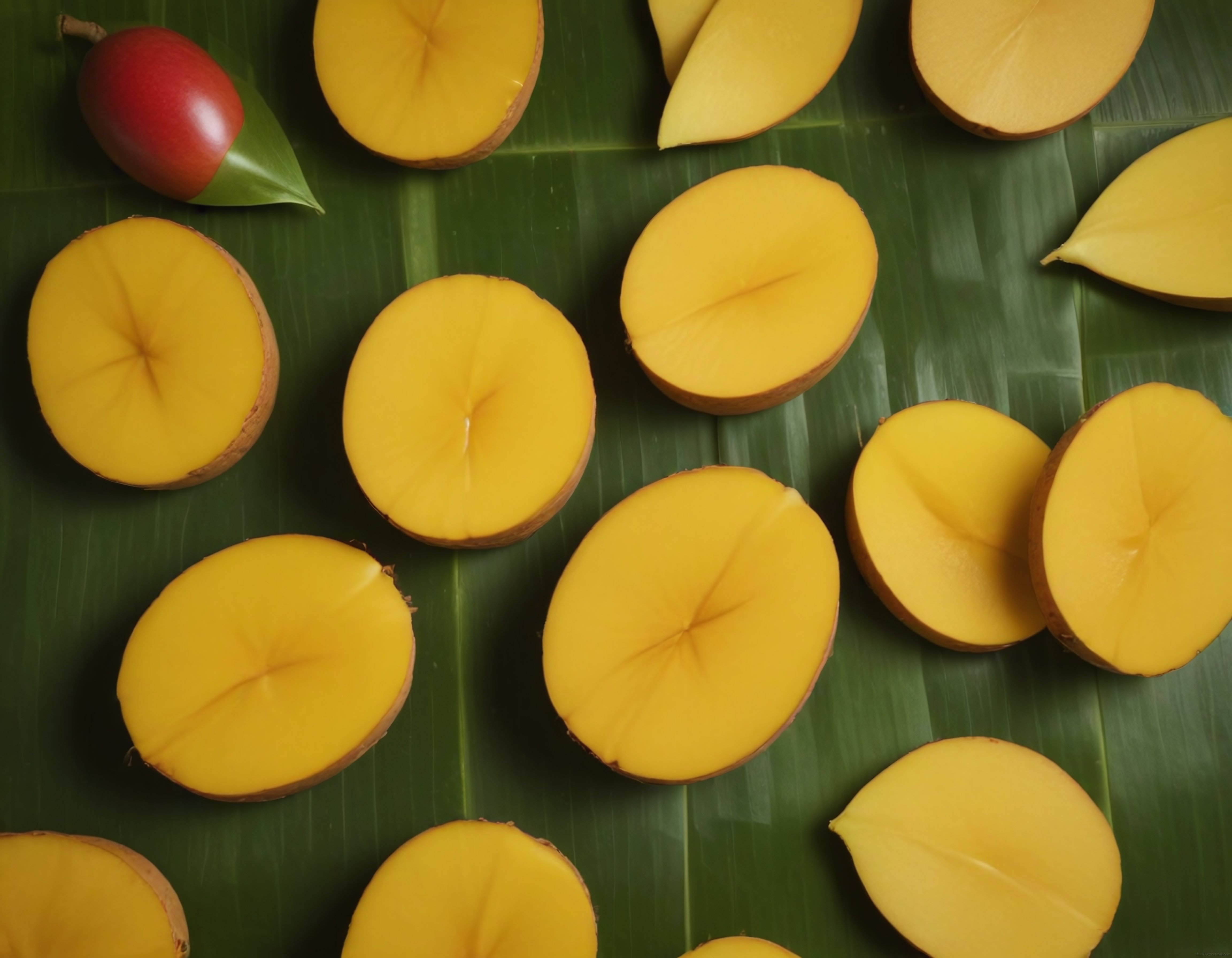 Yeşil Muz Yaprağı Üzerinde Taze Dilimlenmiş Mango ve Tropikal Sunum