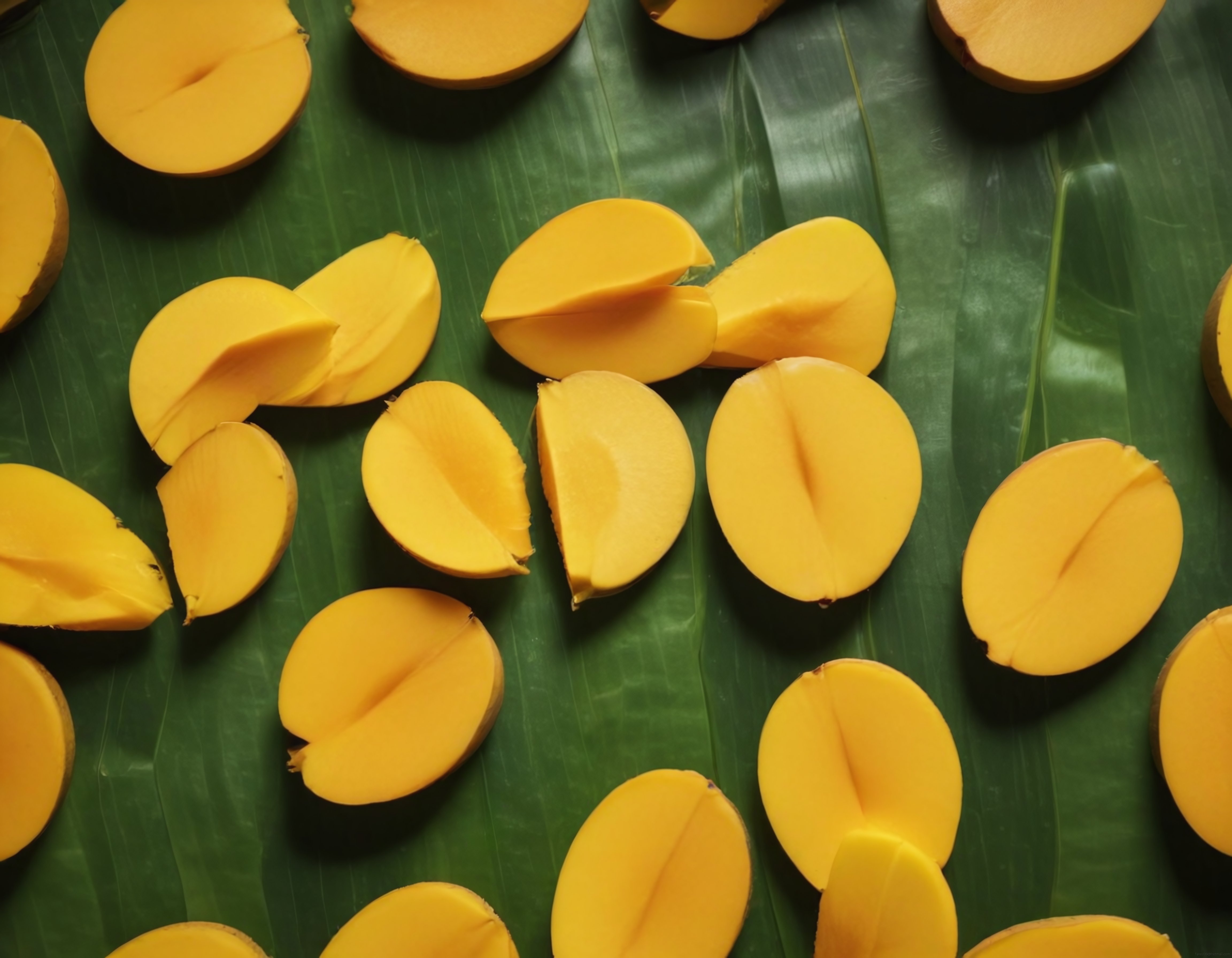 Yeşil Muz Yaprağı Üzerine Dizilmiş Taze Mango Kesitleri ve Tropikal Sunum