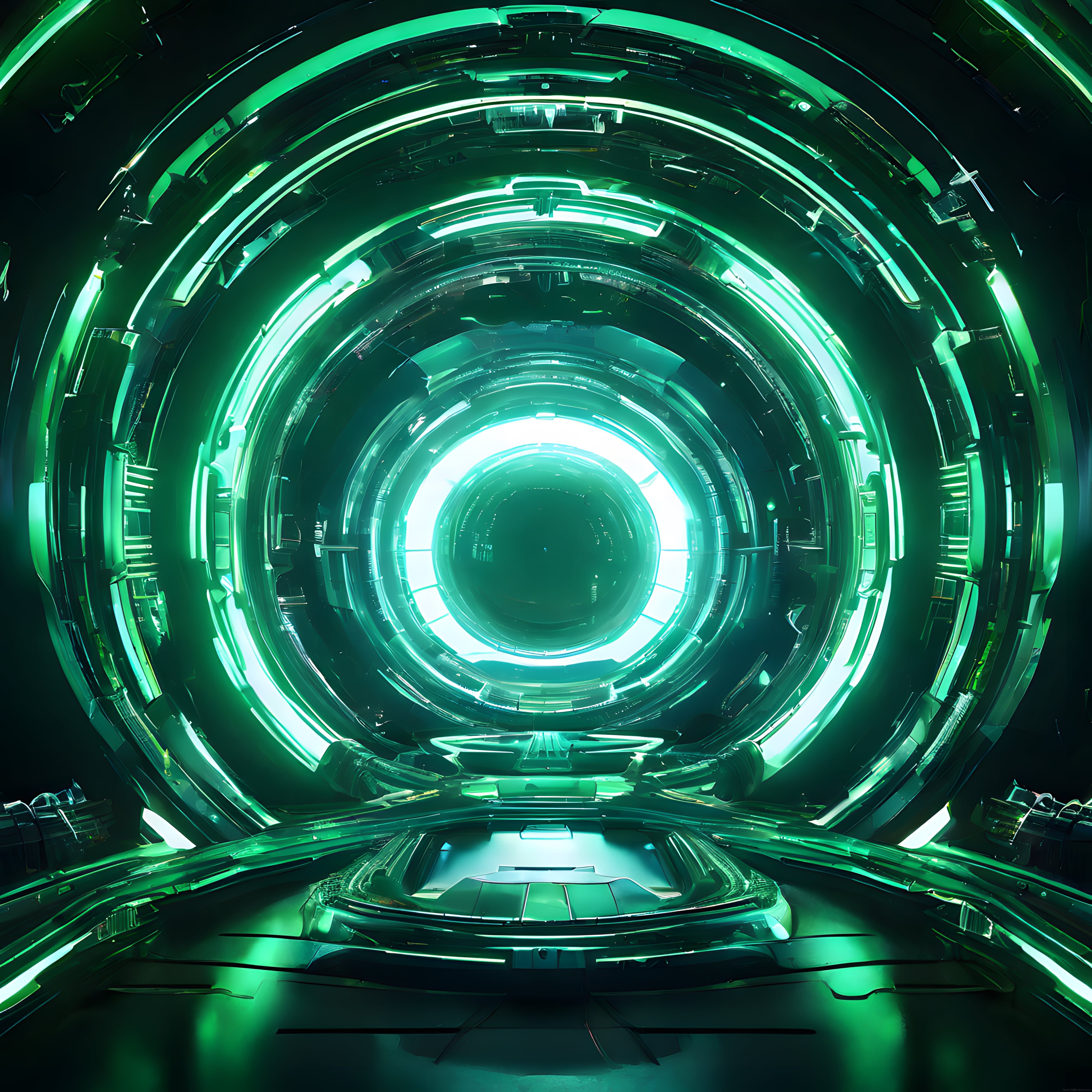 Yeşil Neon Işıklarla Aydınlanan Fütüristik Metal Uzay Tüneli ve Portal
