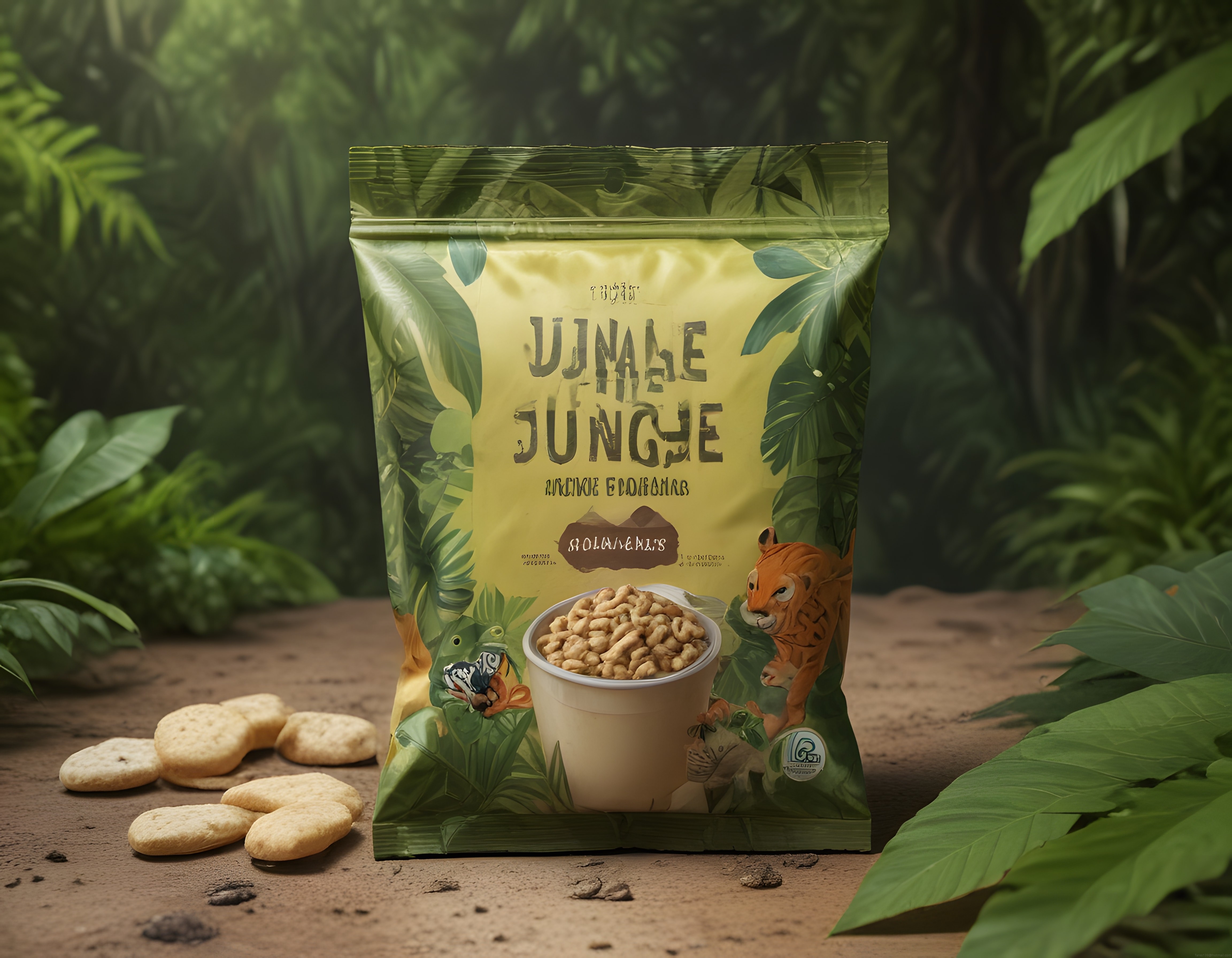 Yeşil Orman Arka Planında Jungle Jungle Atıştırmalık Paketi ve Bisküvi Gevrek