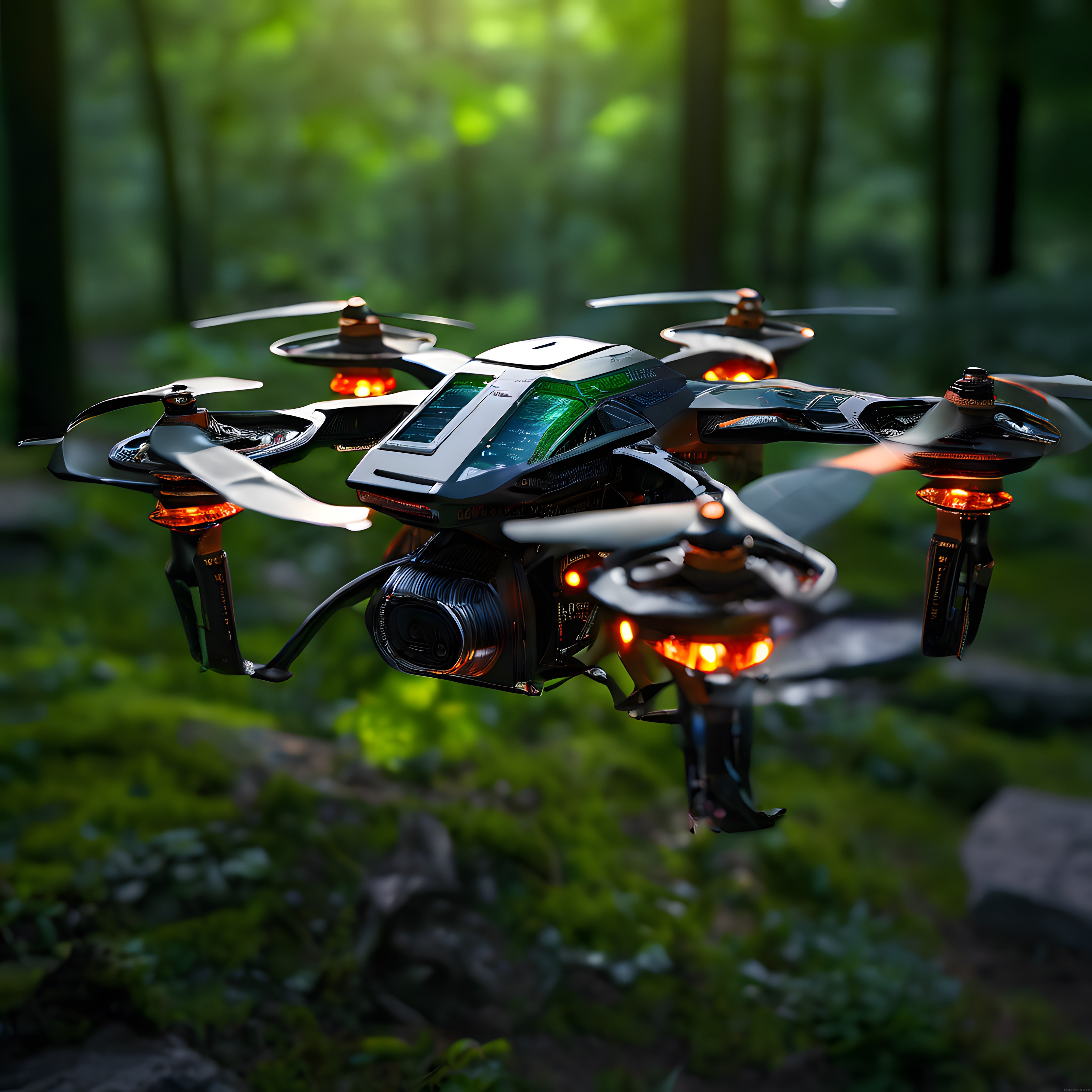 Yeşil orman manzarasında turuncu ışıklı modern drone uçuşu görseli