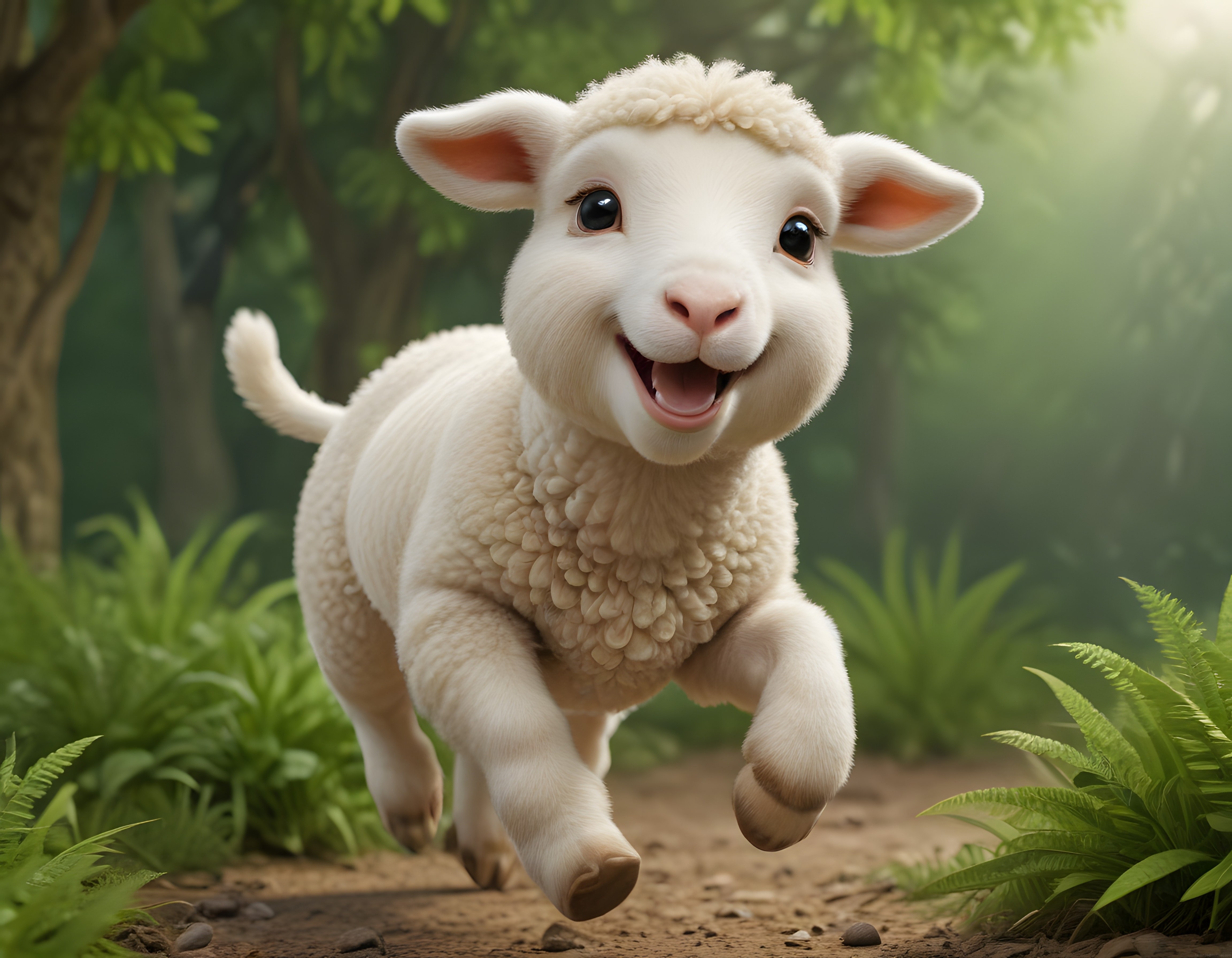 Yeşil Ormanda Sevinçle Zıplayan Sevimli 3D Animasyon Kuzu Yavrusu