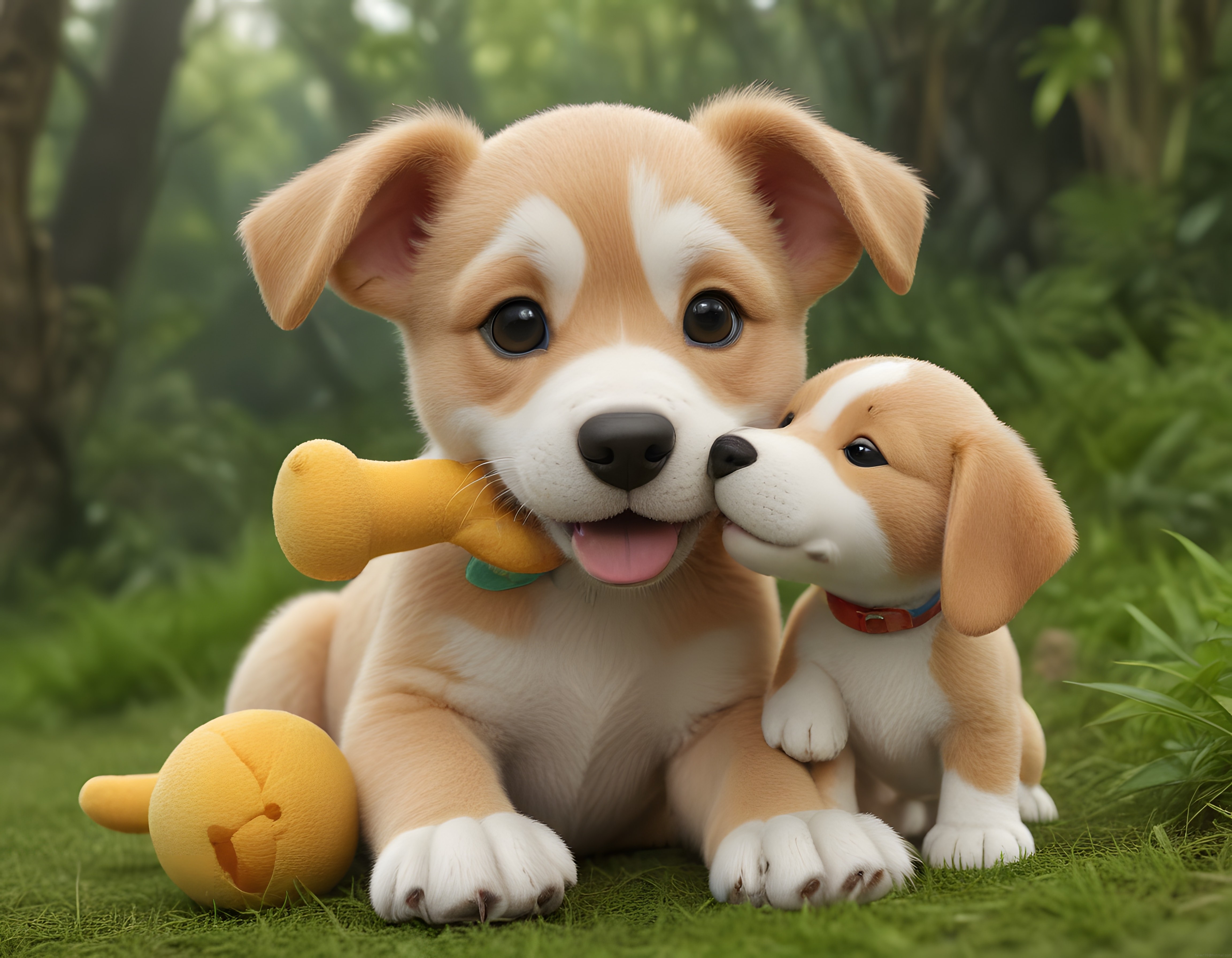 Yeşil Ormanın Eşsiz Atmosferinde Oyuncak Kemikle Oynayan İki Sevimli Yavru Köpek