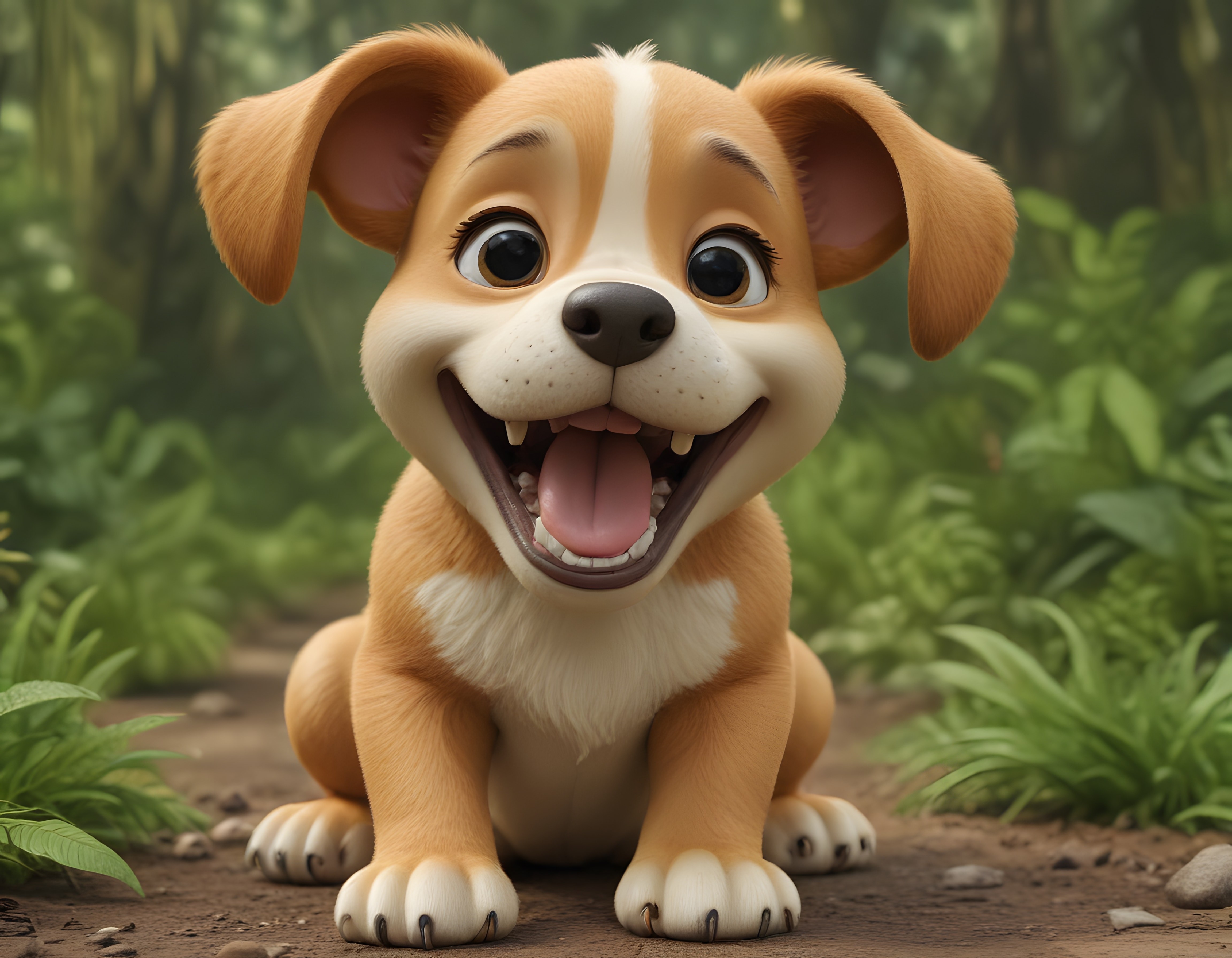 Yeşil Ormanın Gölgesinde Oturan Sevimli Animasyon Köpek Yavrusu