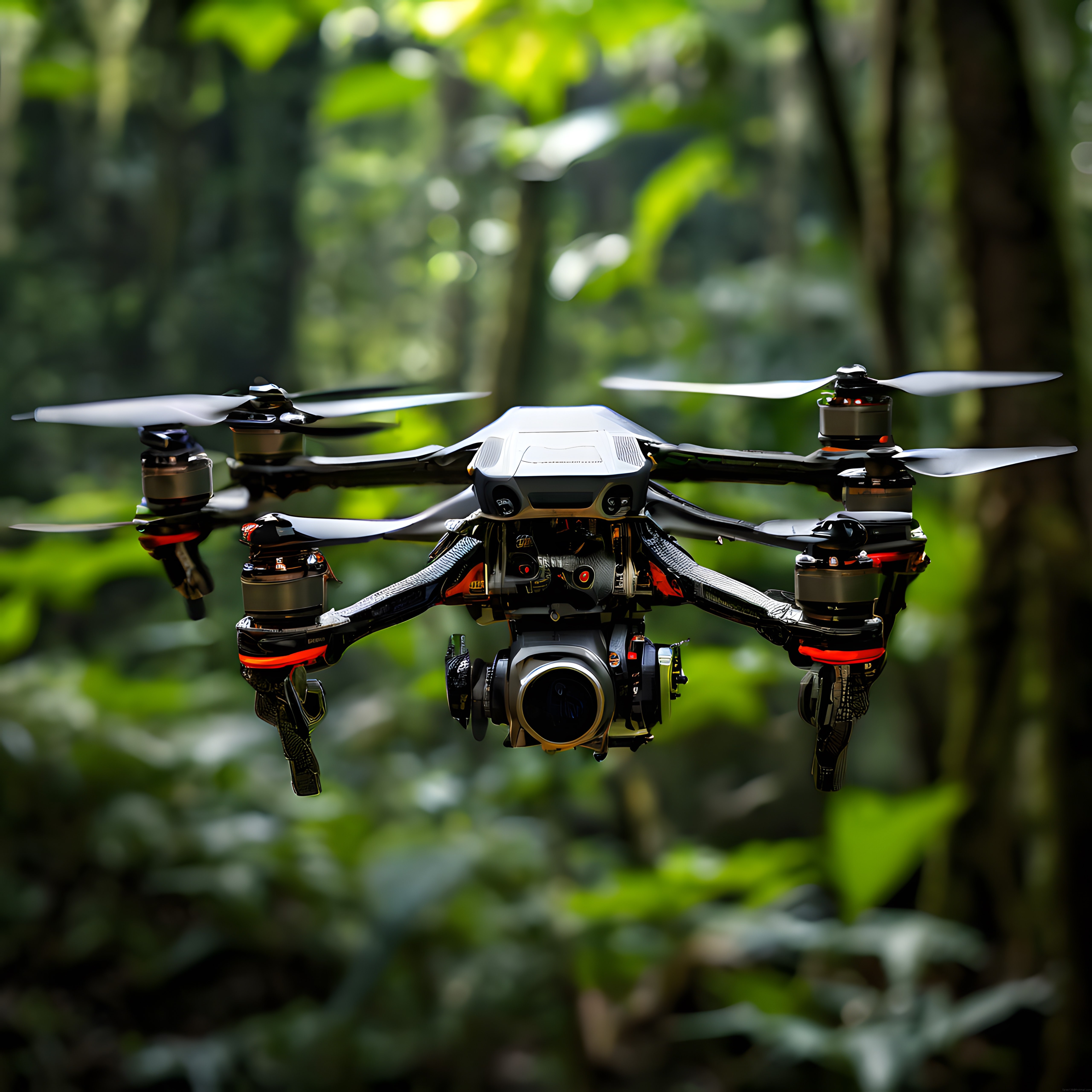 Yeşil ormanın içinde süzülen profesyonel kamera drone'unun yakın çekim görüntüsü