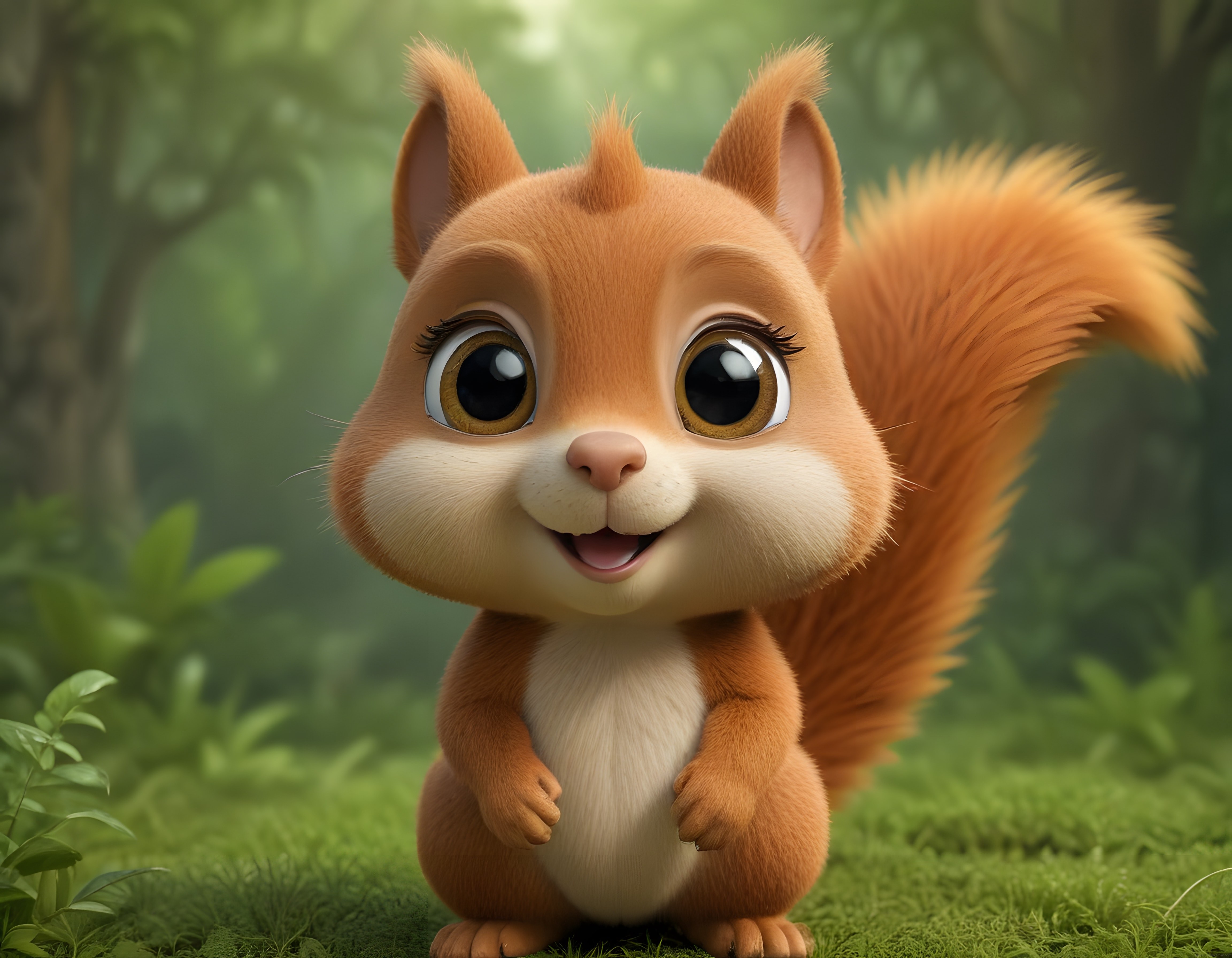 Yeşil Ormanın Ortasında Duran Sevimli 3D Animasyon Sincap ve Büyük İfadesi
