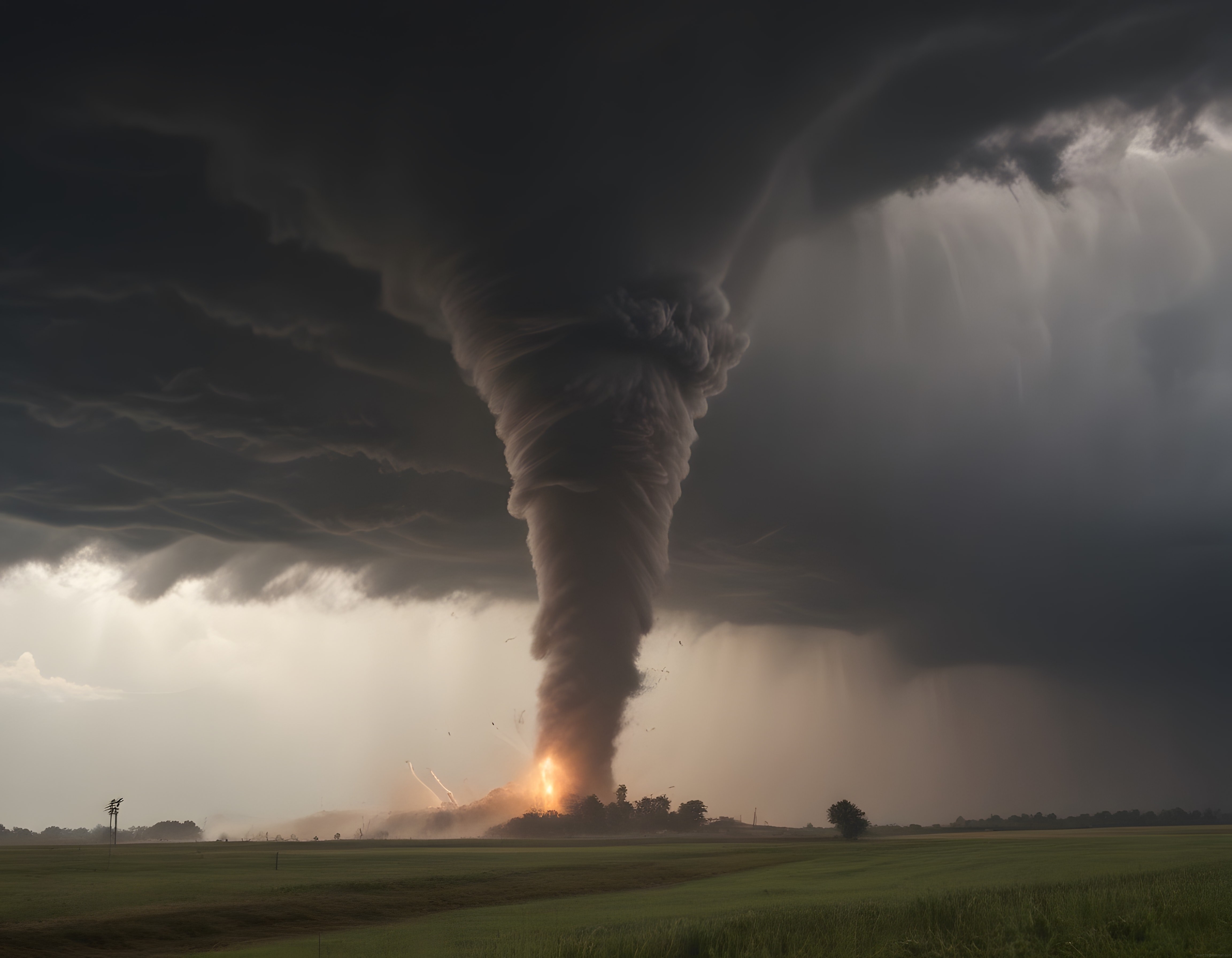 Yeşil Ovalarda Yıldırım Işıltılı Devasa Bir Tornado Hortum Görüntüsü