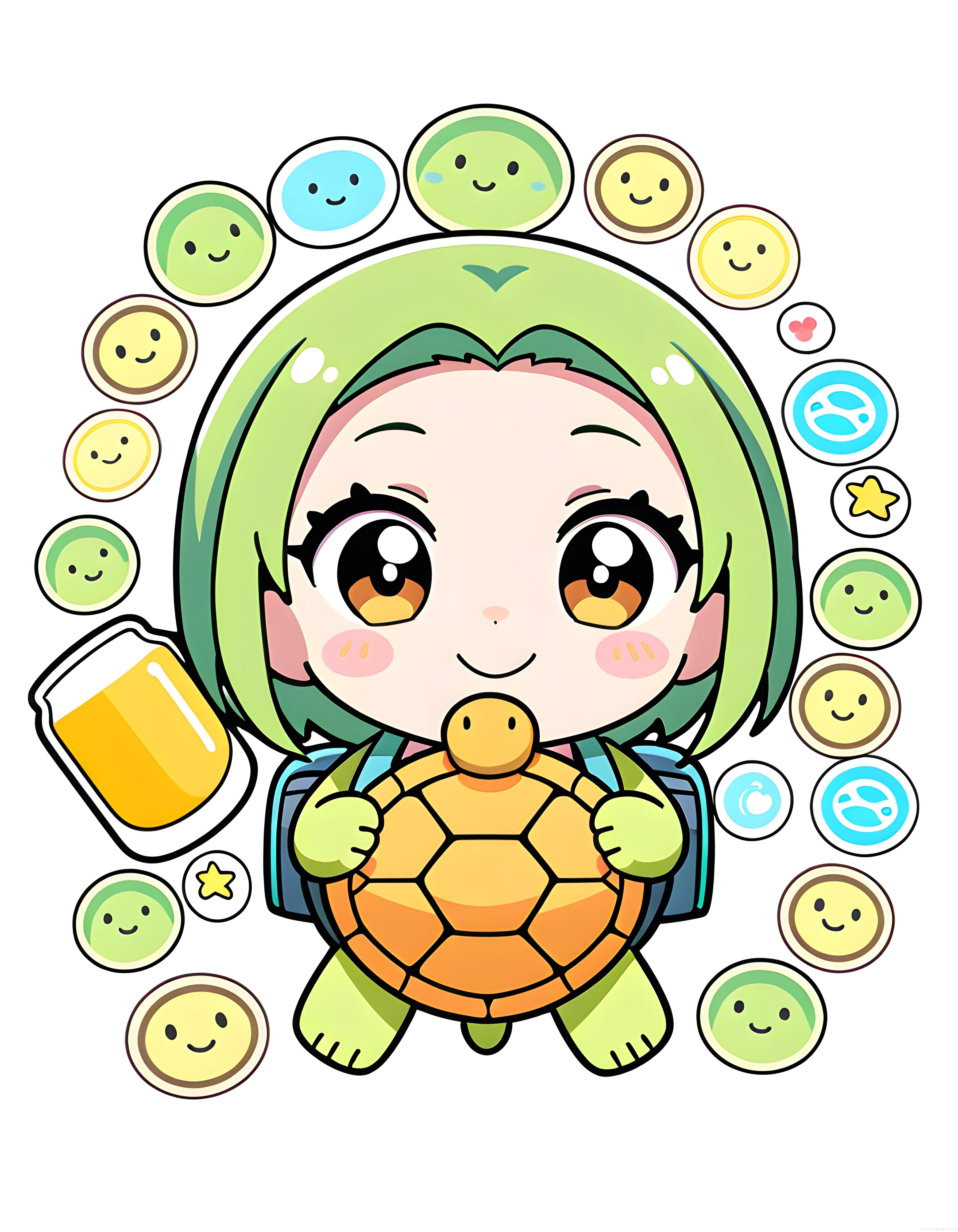 Yeşil Saçlı Anime Karakter, Kaplumbağa ve Gülümseyen Emojilerle Neşeli Çizim