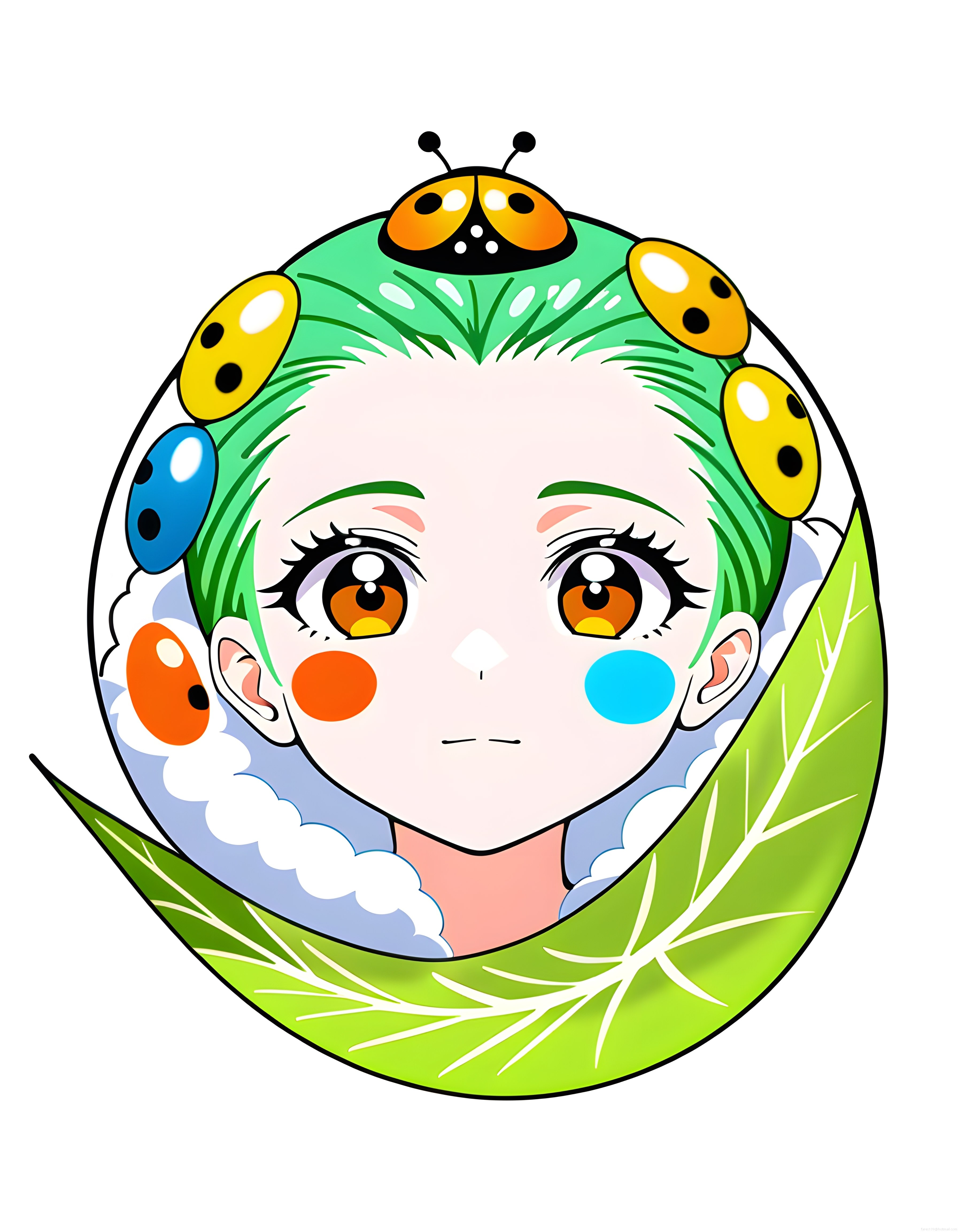 Yeşil saçlı anime kız ve renkli böcekleri içeren doğa temalı çizim
