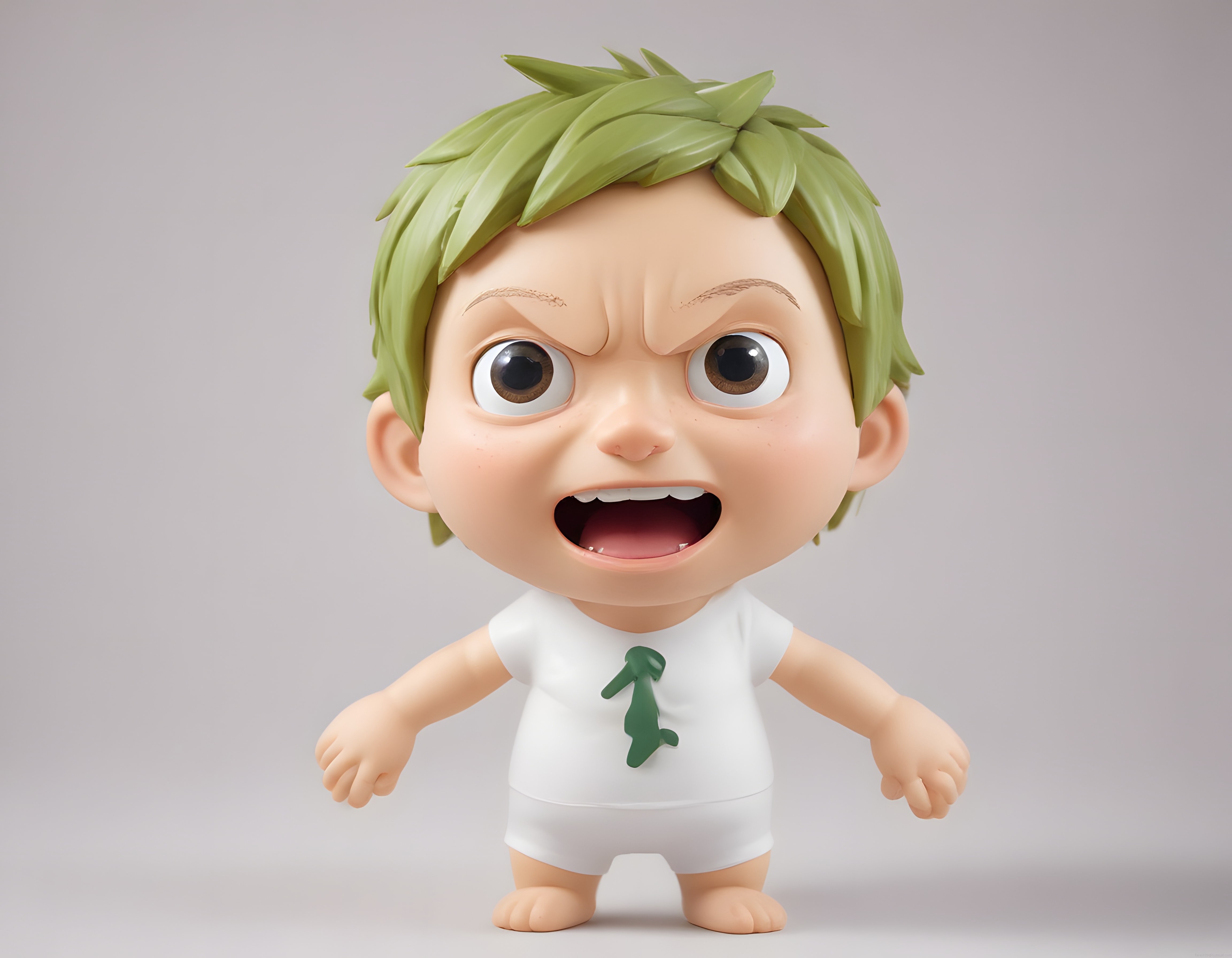 Yeşil Saçlı Kızgın Chibi Karakter 3D Render Dijital Sanat Çalışması