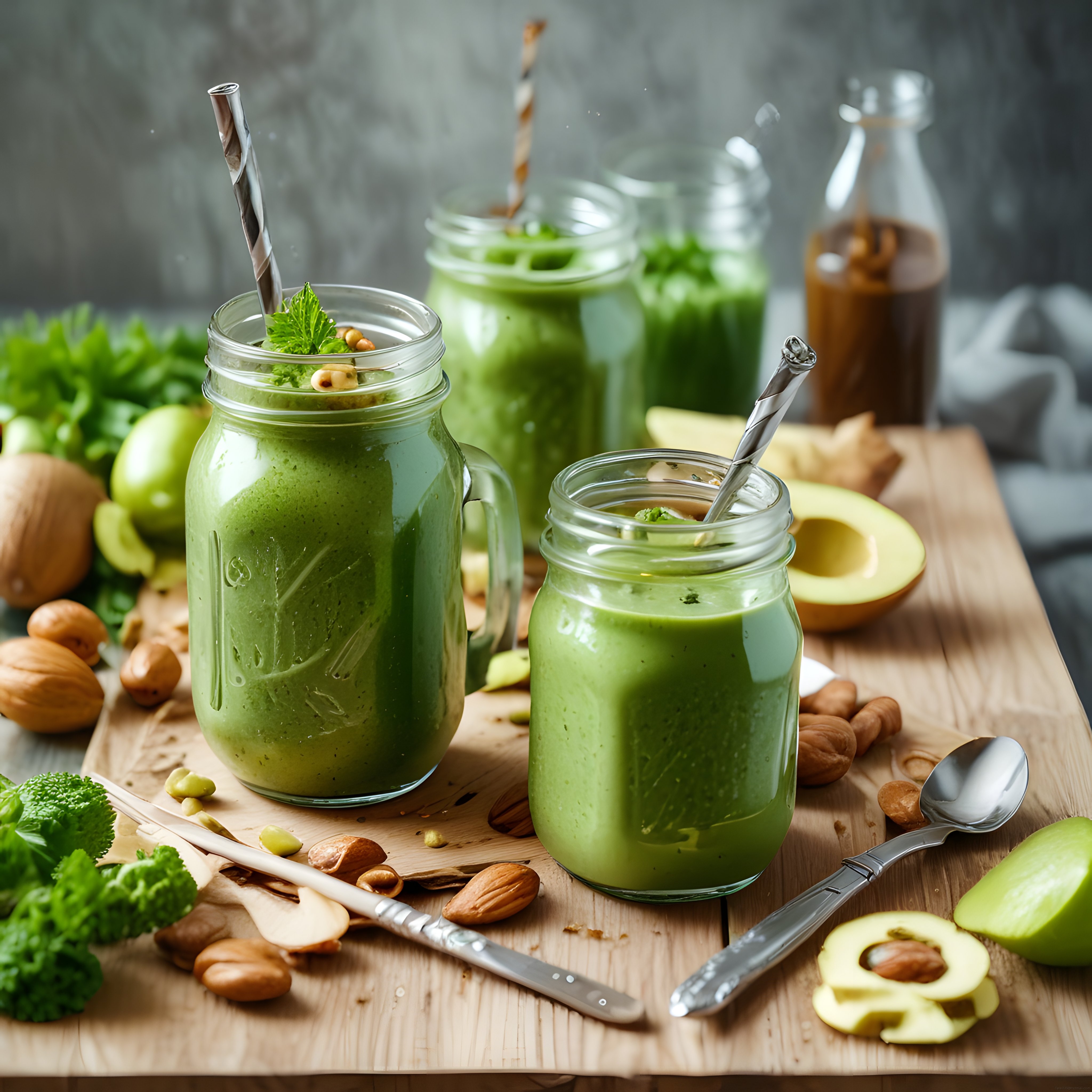 Yeşil smoothie bardakları, avokado ve kuruyemişlerle ahşap masada sağlıklı içecek