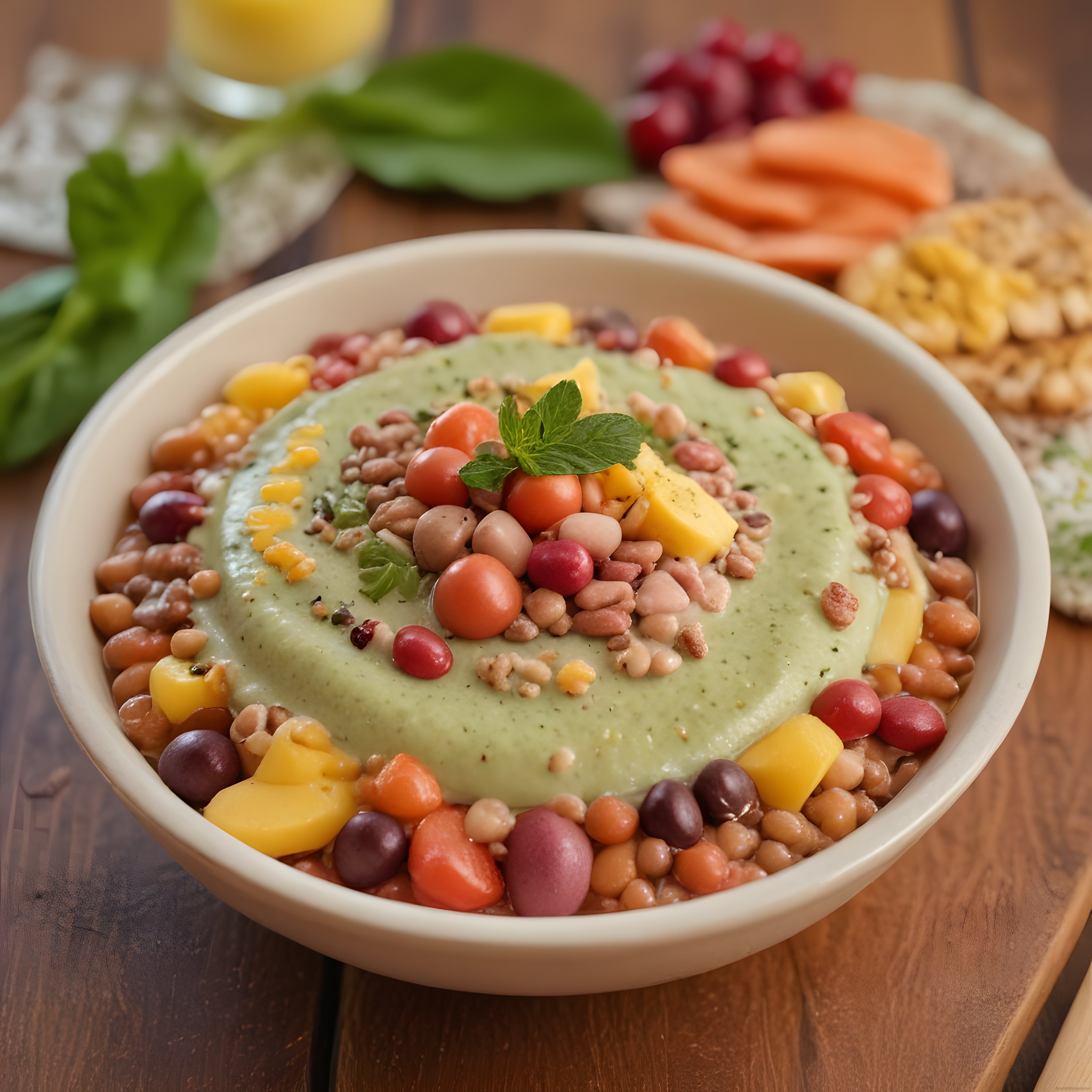 yeşil smoothie kasesi üzerinde taze meyveler ve yaprak nane ile renkli kahvaltı