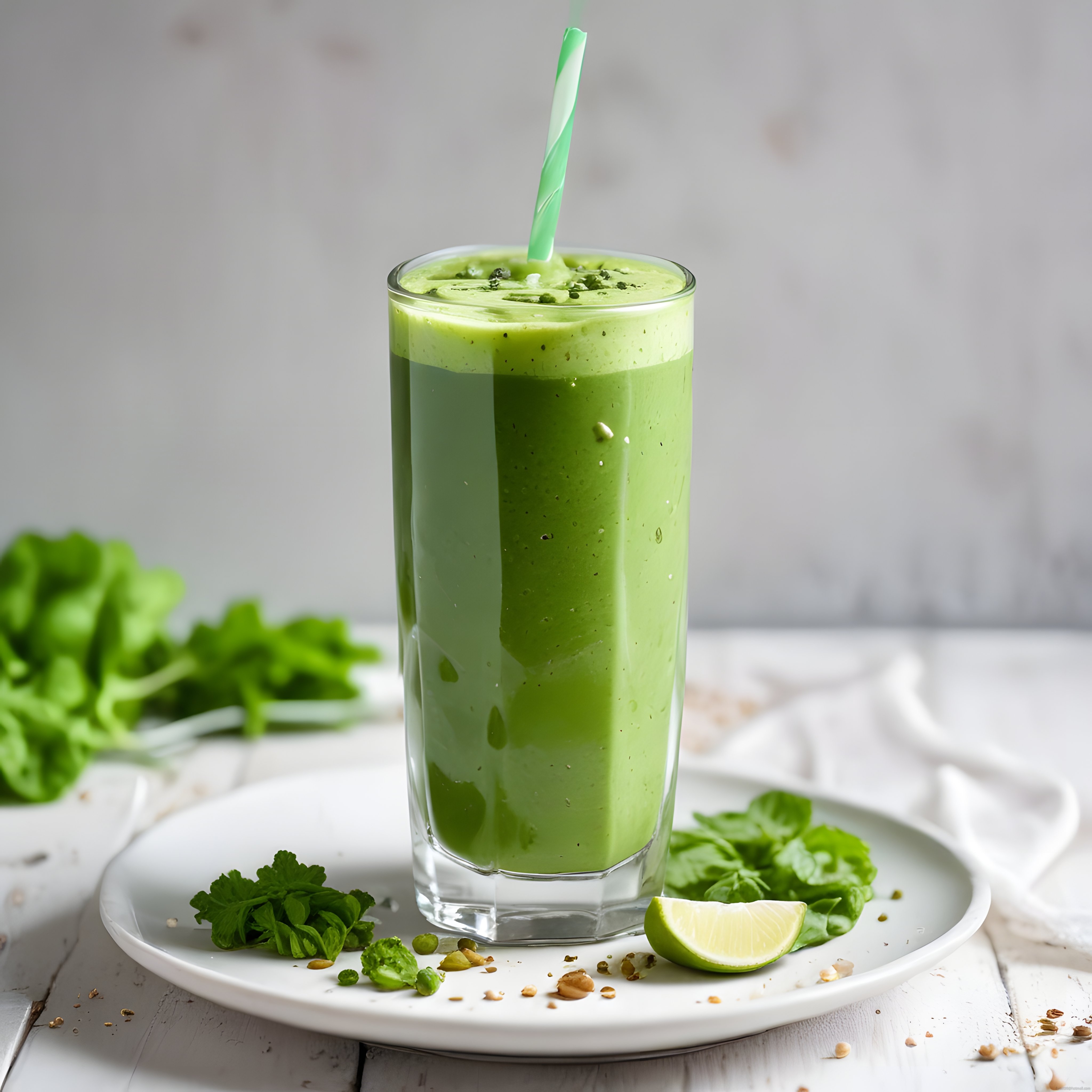 Yeşil smoothie, misket limonu dilimi ve taze yapraklarla sağlıklı içecek