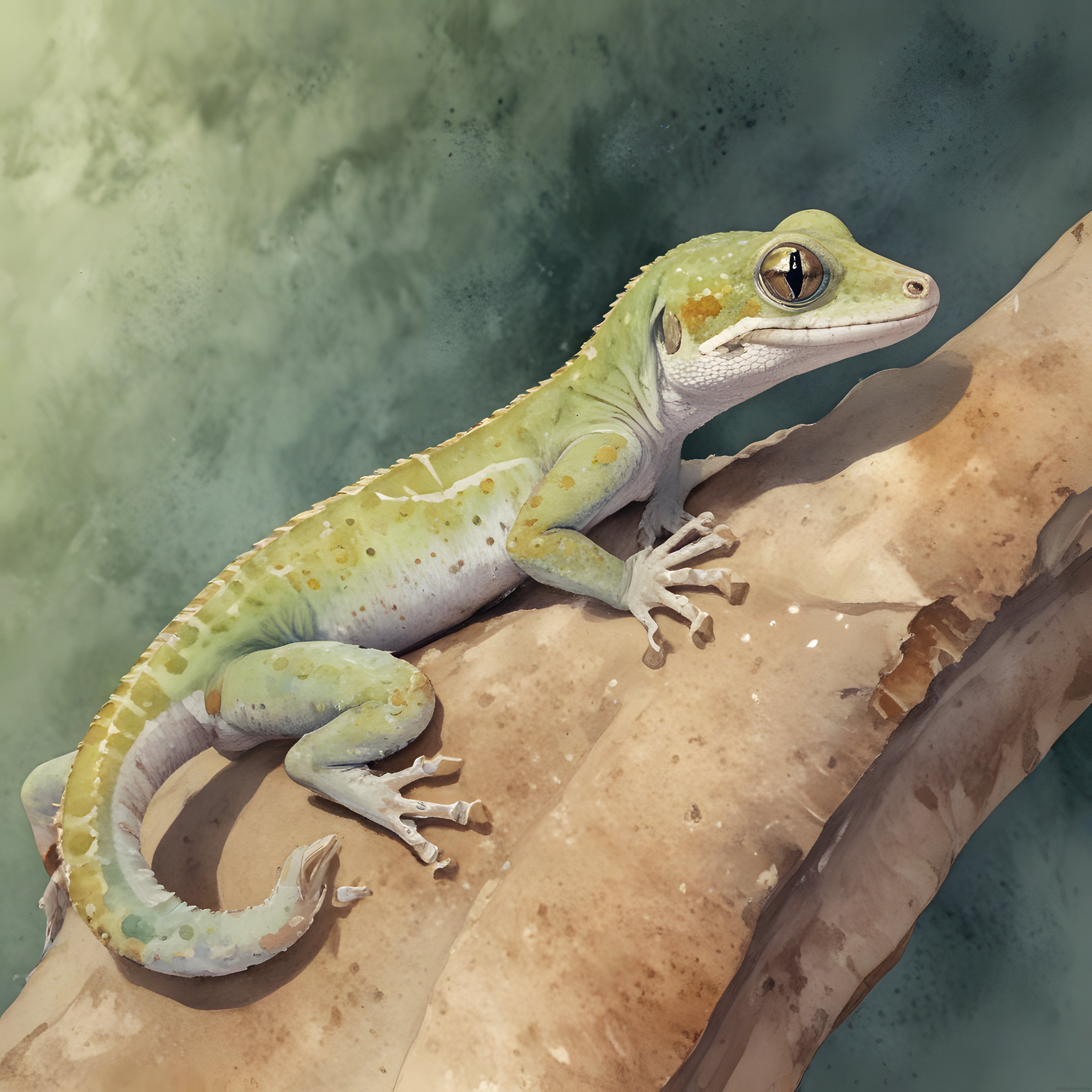 Yeşil suluboya gecko çizimi, doğal dalda oturan detaylı sürüngen illüstrasyonu