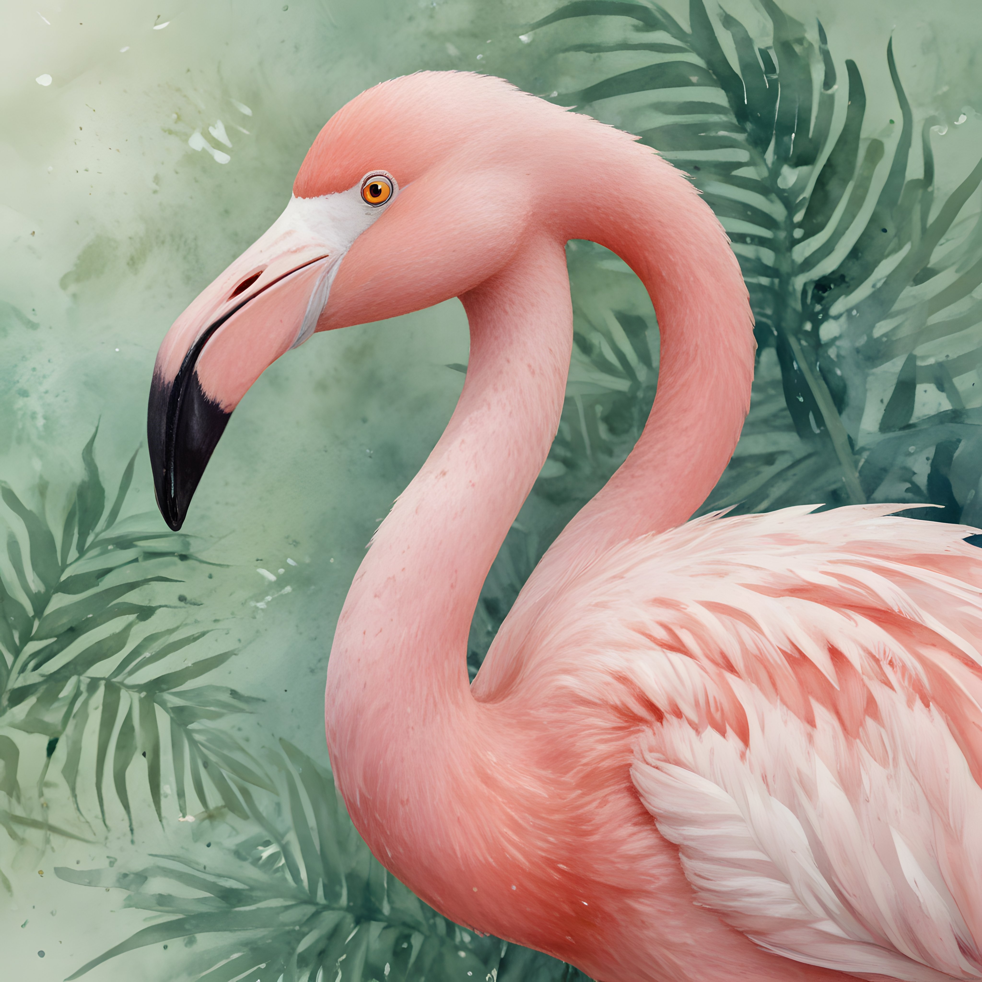 Yeşil Suluboya Tropikal Yapraklar Önünde Pembe Flamingo Portresi