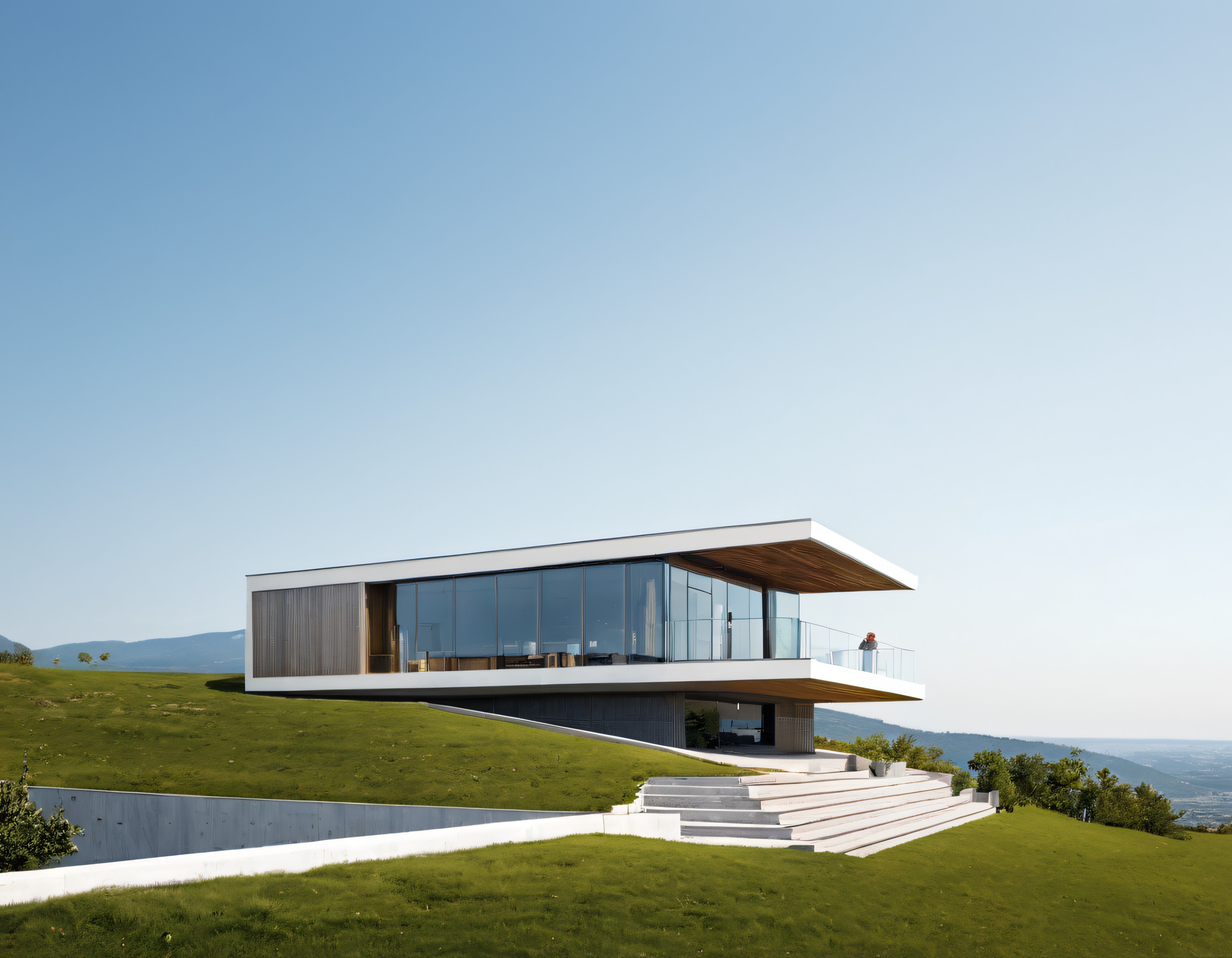 Yeşil Tepenin Üzerinde Modern Cam ve Ahşap Detaylı Minimalist Villa