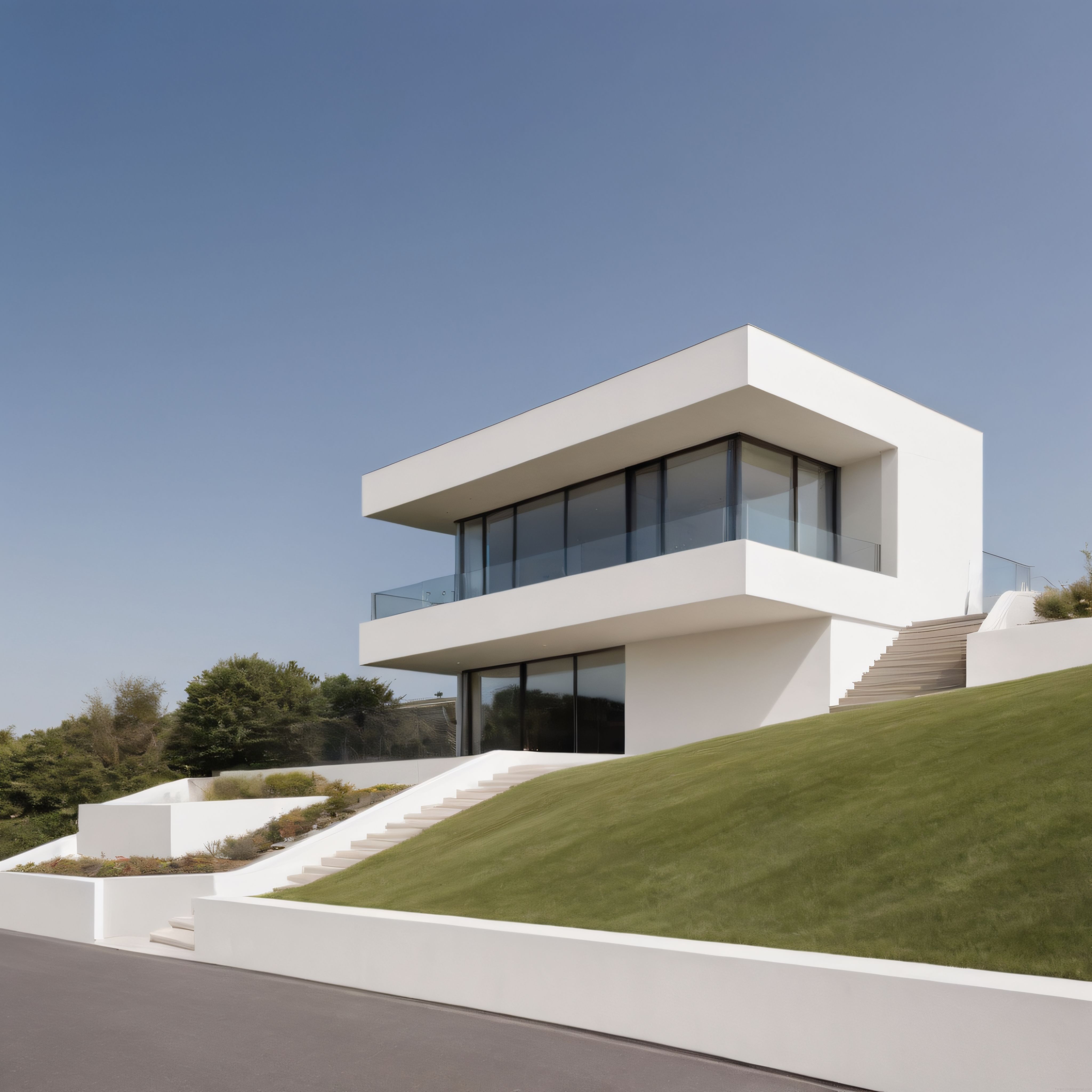 Yeşil Tepenin Üzerinde Yükselen Minimalist Beyaz Villa ve Çağdaş Mimarisi