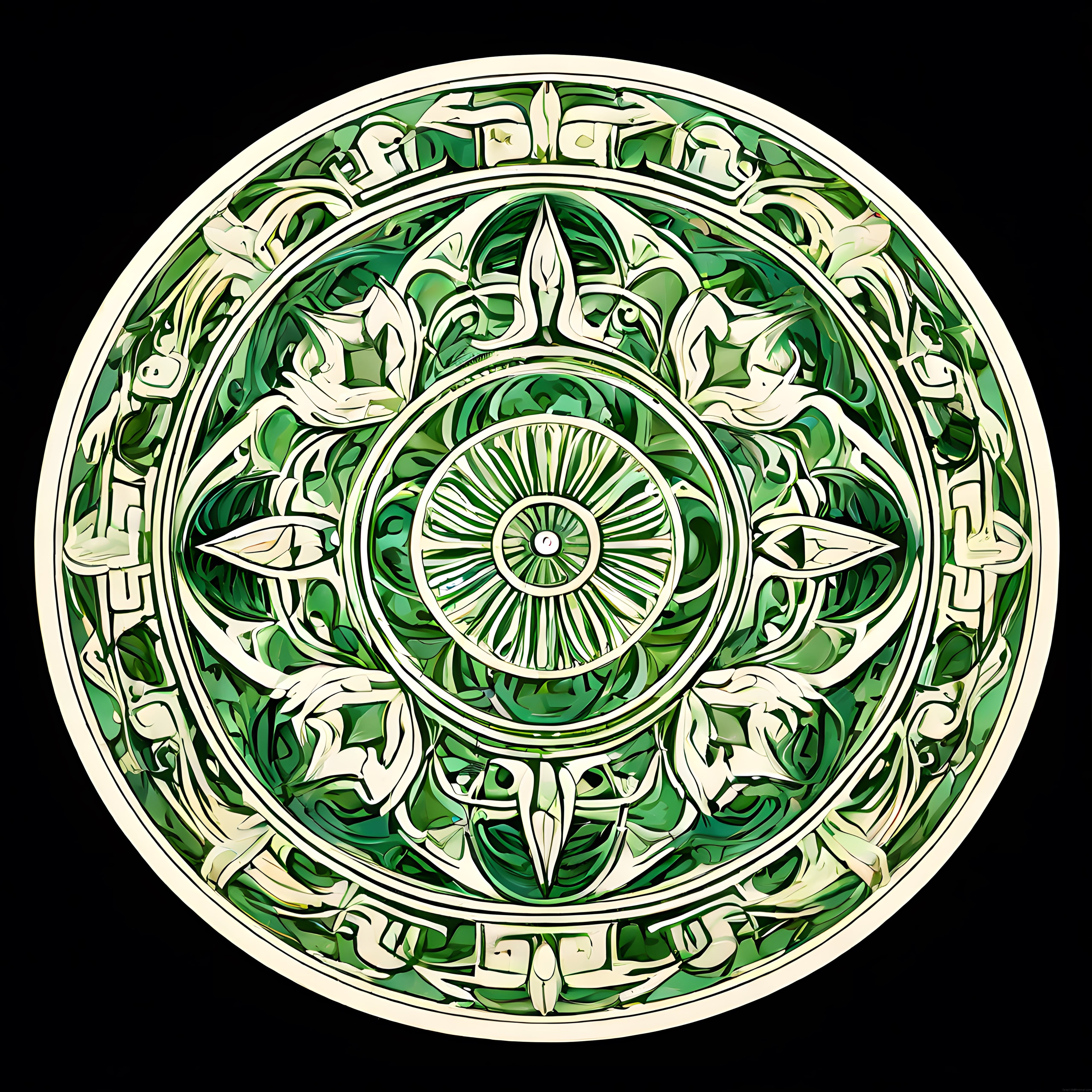 Yeşil tonlarda İslami hat ve geometrik desenlerle süslü dijital mandala