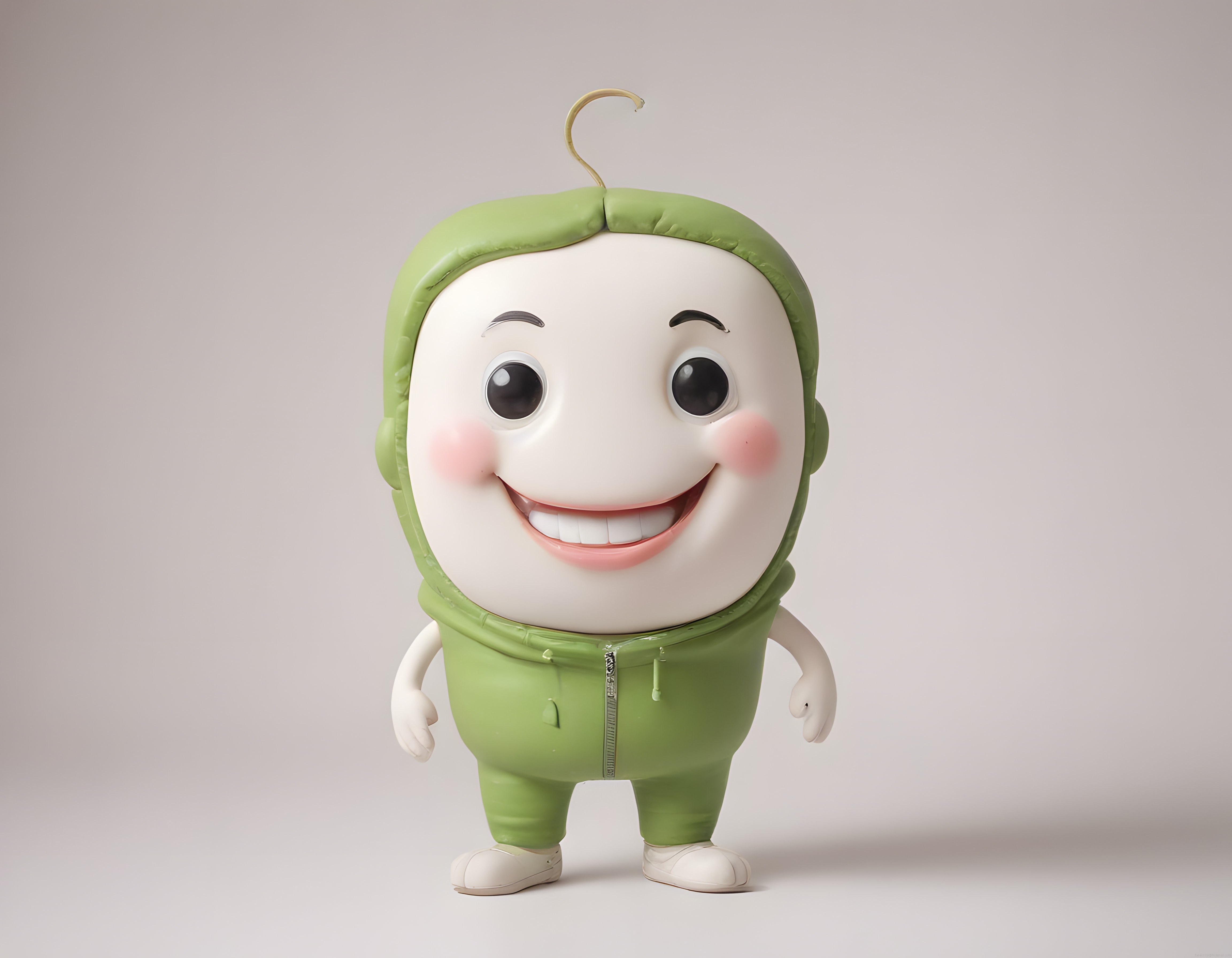 Yeşil tulumlu sevimli 3D karakteri, büyük gözleri ve gülümseyen yüzüyle maskot