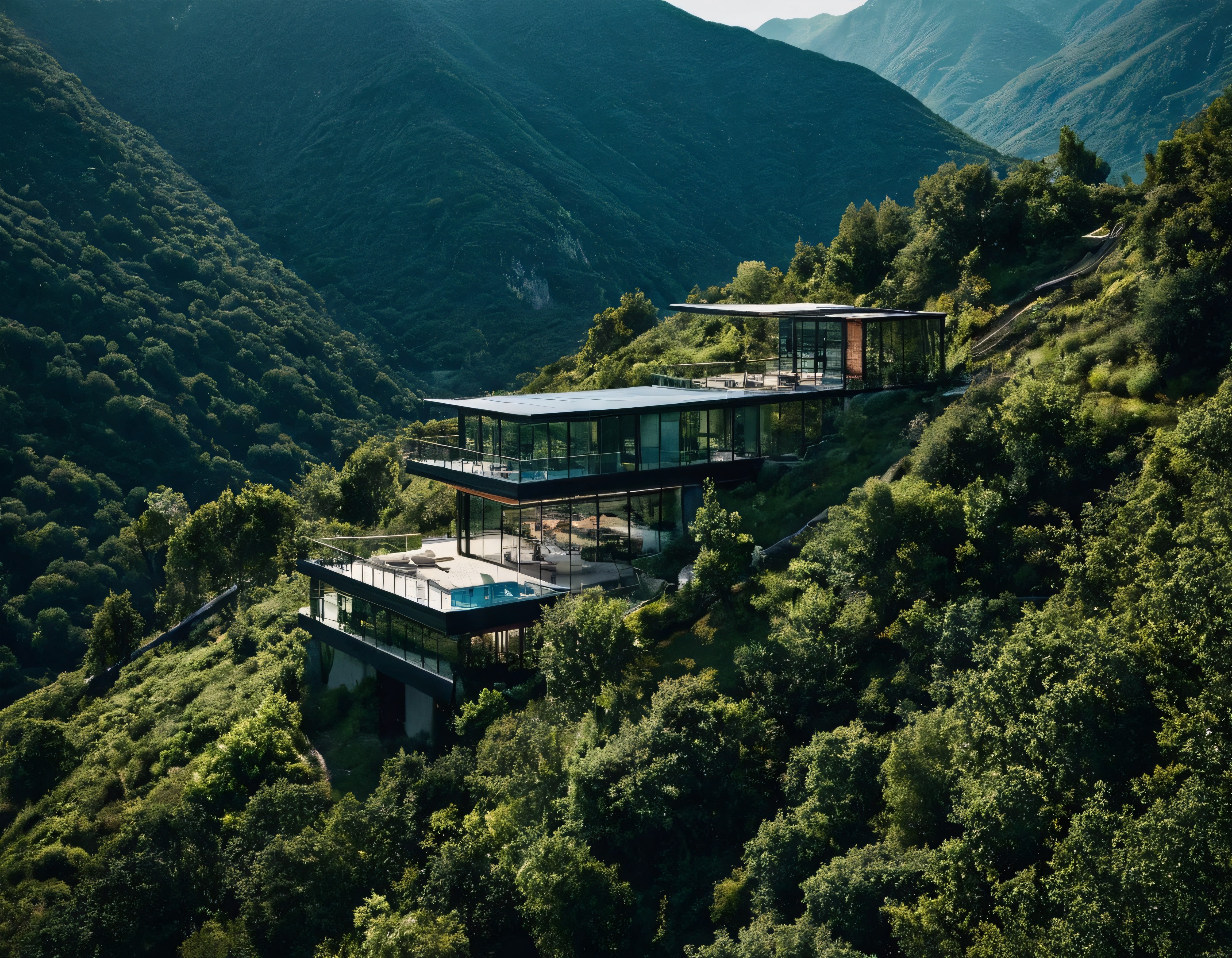 Yeşil Vadide Zümrüt Ağaçlar Arasına Gömülü Modern Cam Villa Tasarımı
