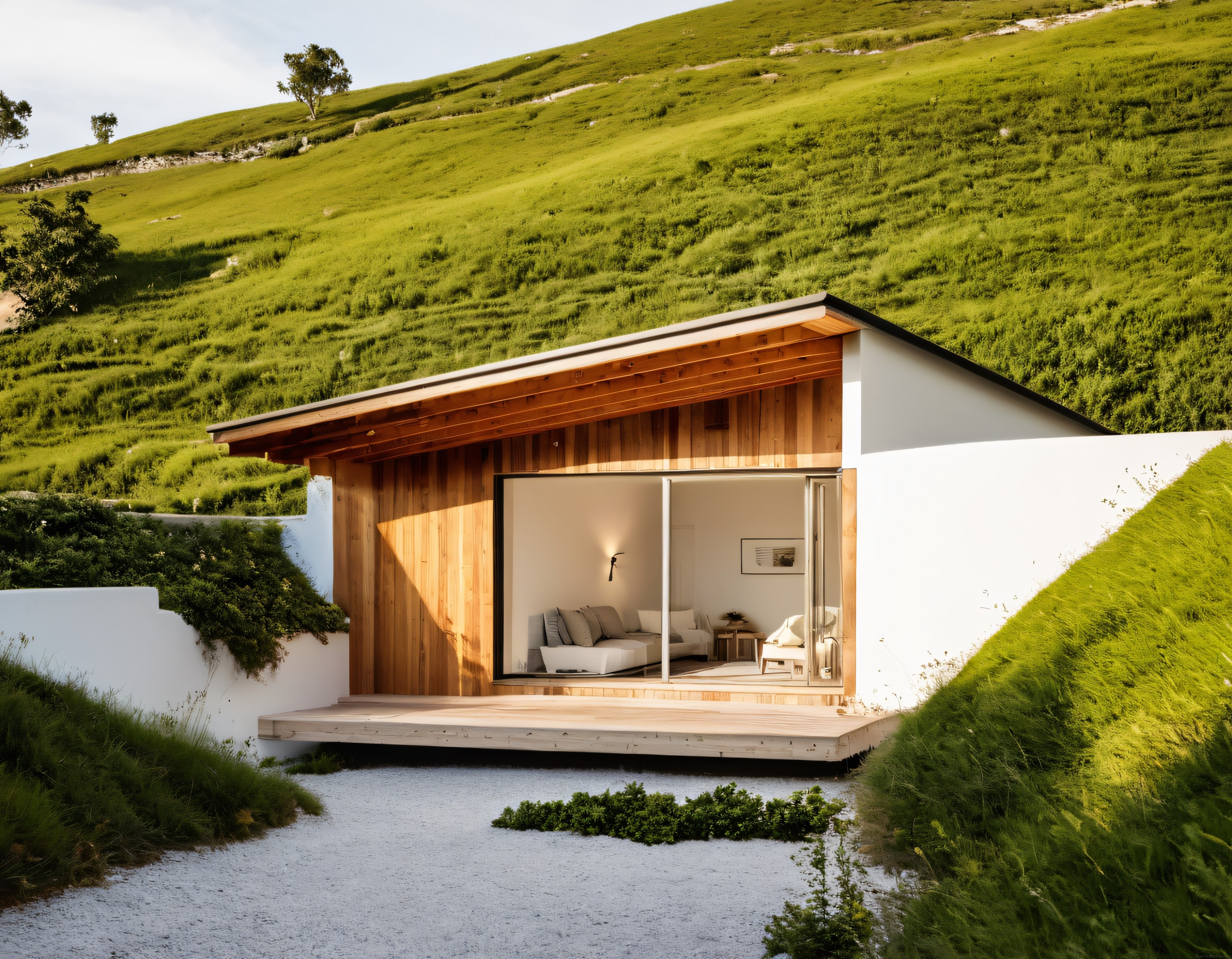 Yeşil Yamaçların Arasına Gömülmüş Modern Minimalist Ahşap Cam Detaylı Ev