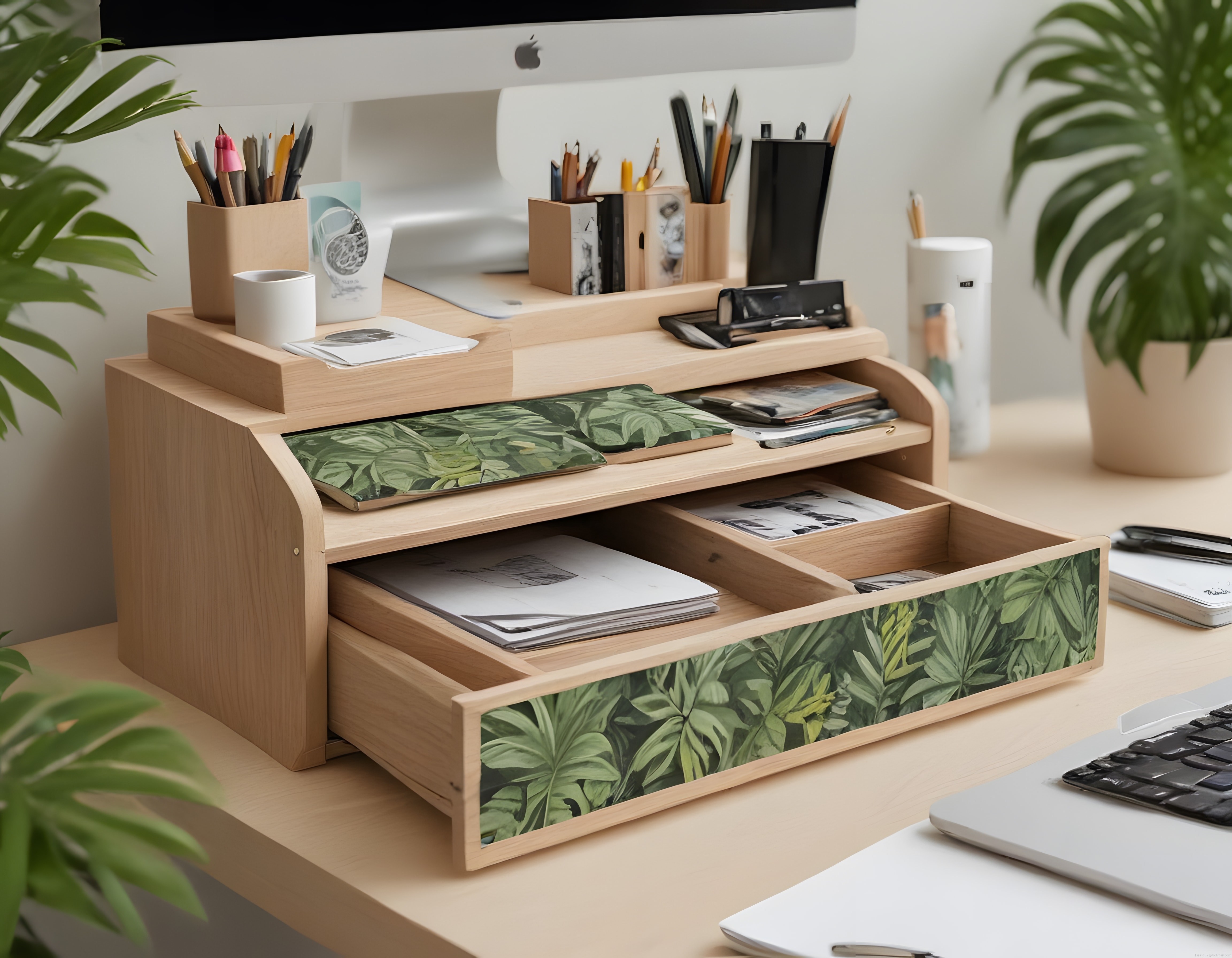 Yeşil Yaprak Desenli Ahşap Masa Organizatörü ve Sıcak Home Office Köşesi