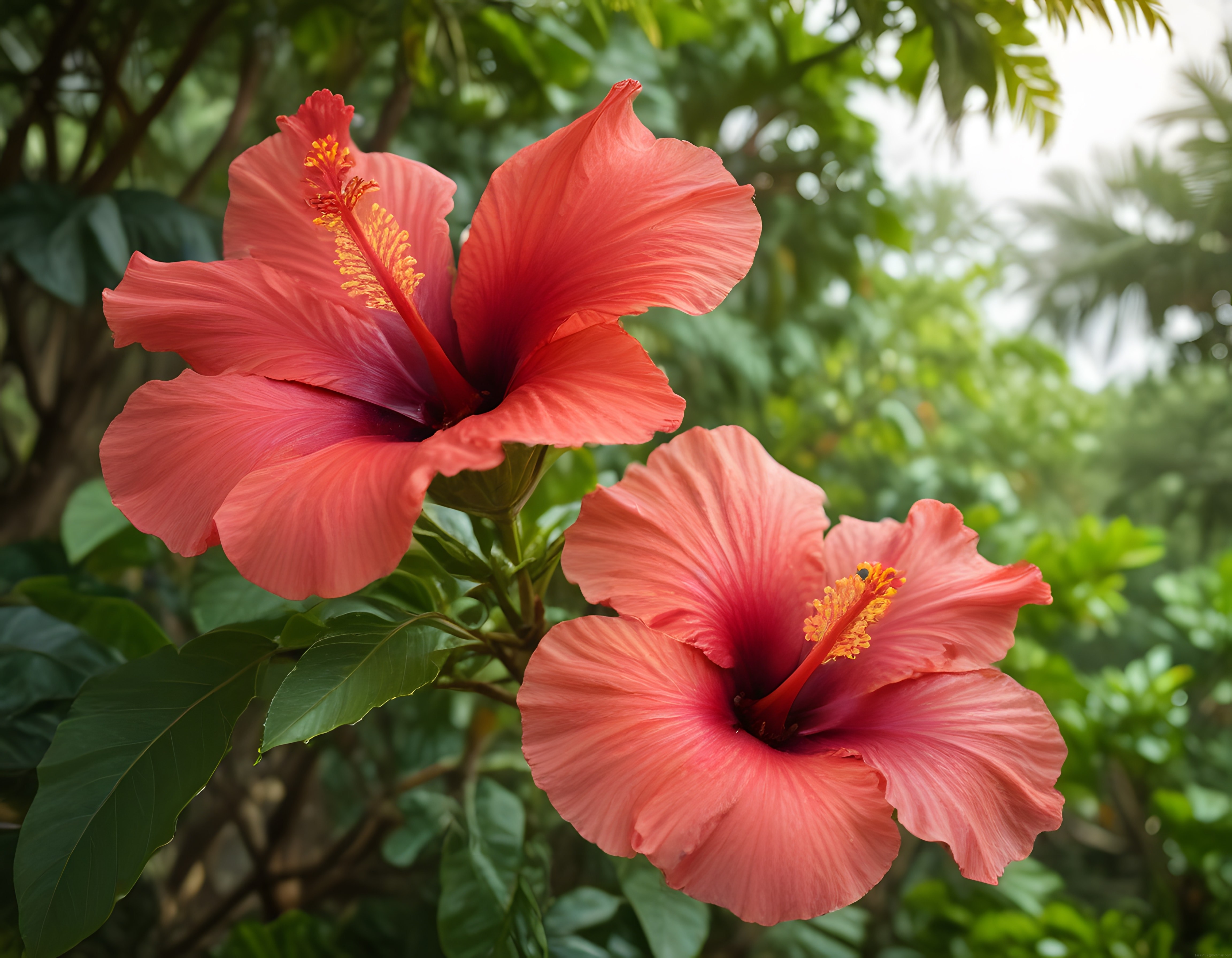 Yeşil Yapraklar Arasında Açmış İki Büyük Egzotik Pembe Hibiskus Çiçeği
