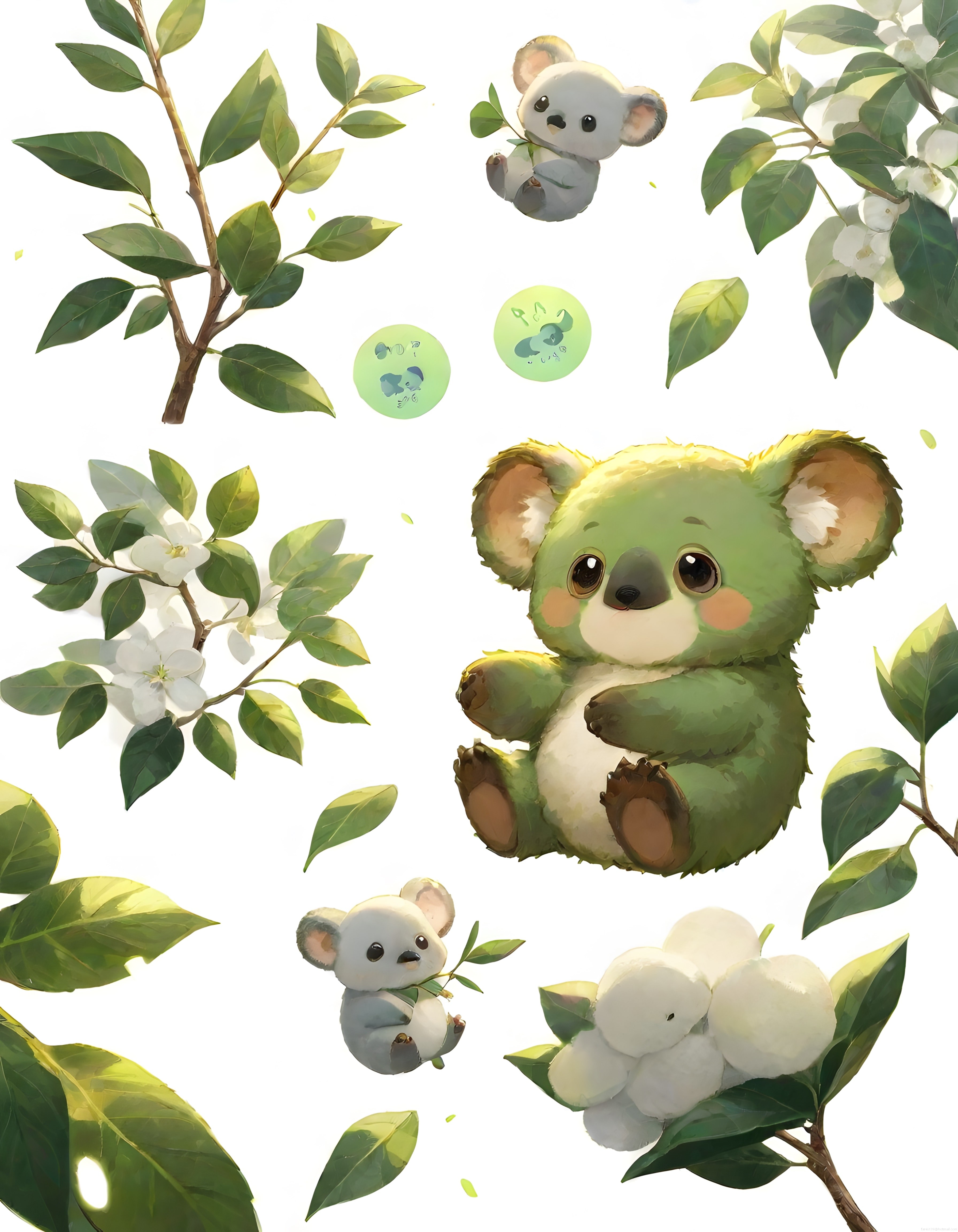 Yeşil Yapraklar Arasında Sevimli Koala Karakterleri: Dijital Sanat Çalışması