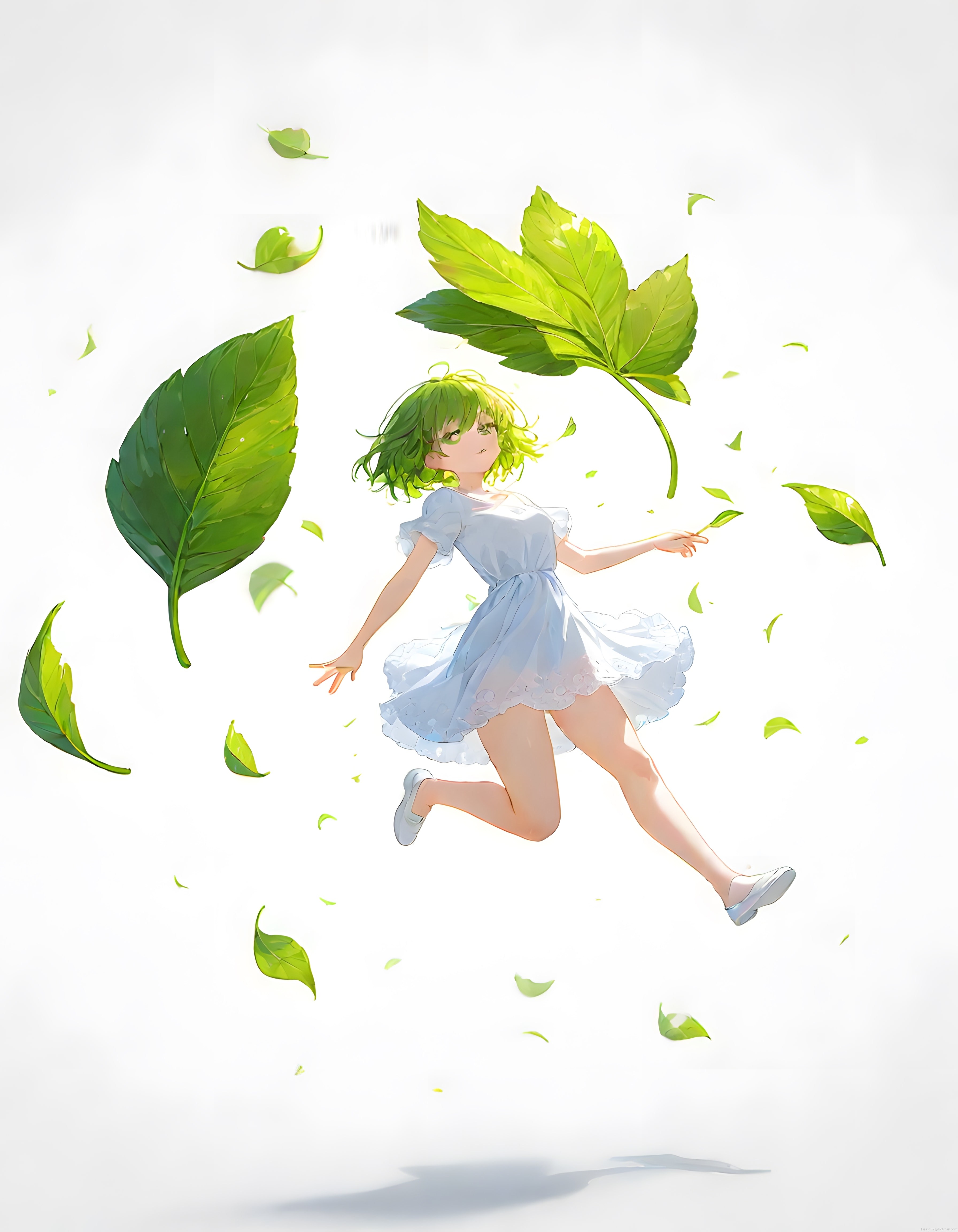 Yeşil Yapraklar Arasında Süzülen Beyaz Elbiseli Anime Kız Dijital Sanat Eseri