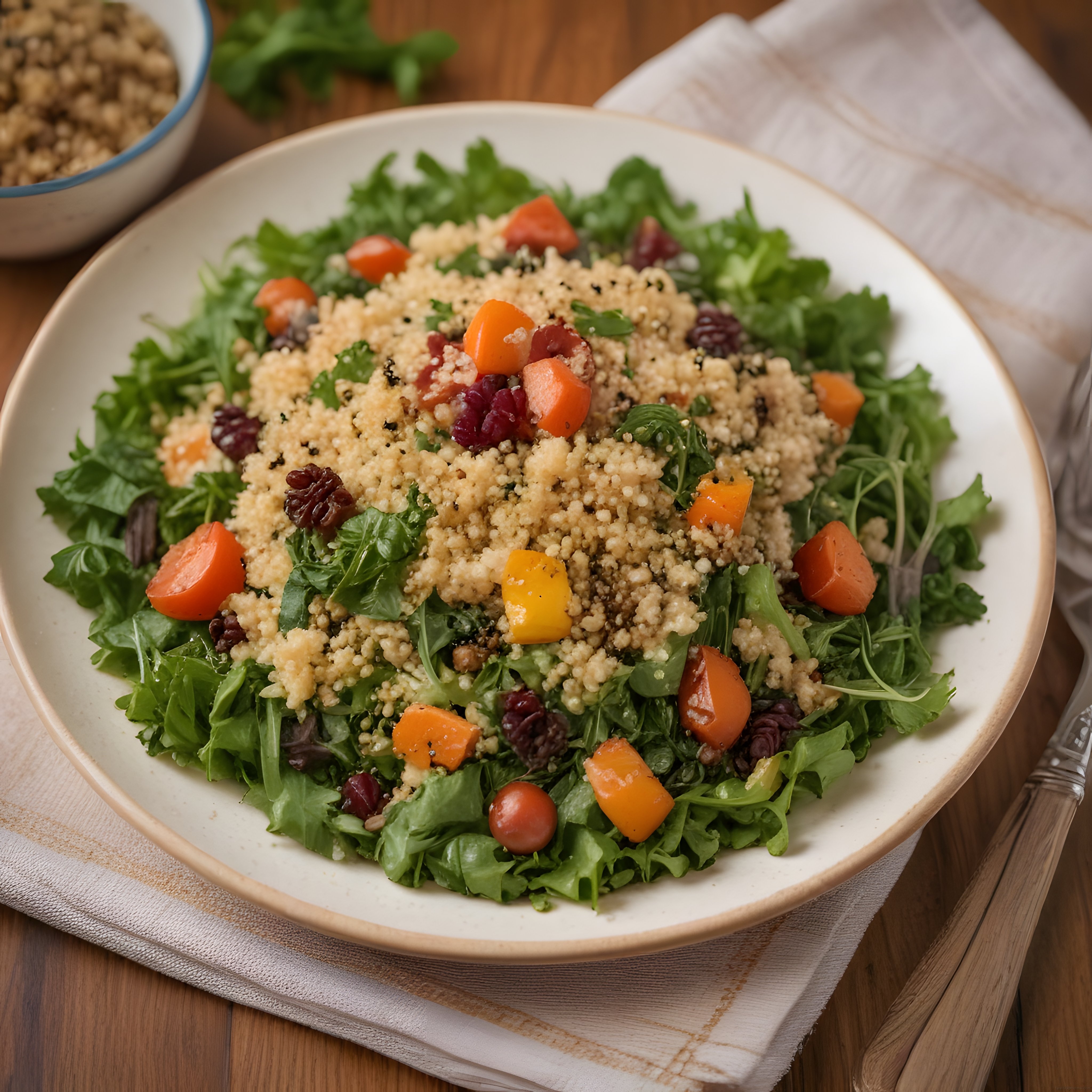 Yeşil yapraklar üzerinde kinoa salatası, havuç ve kuru üzümle