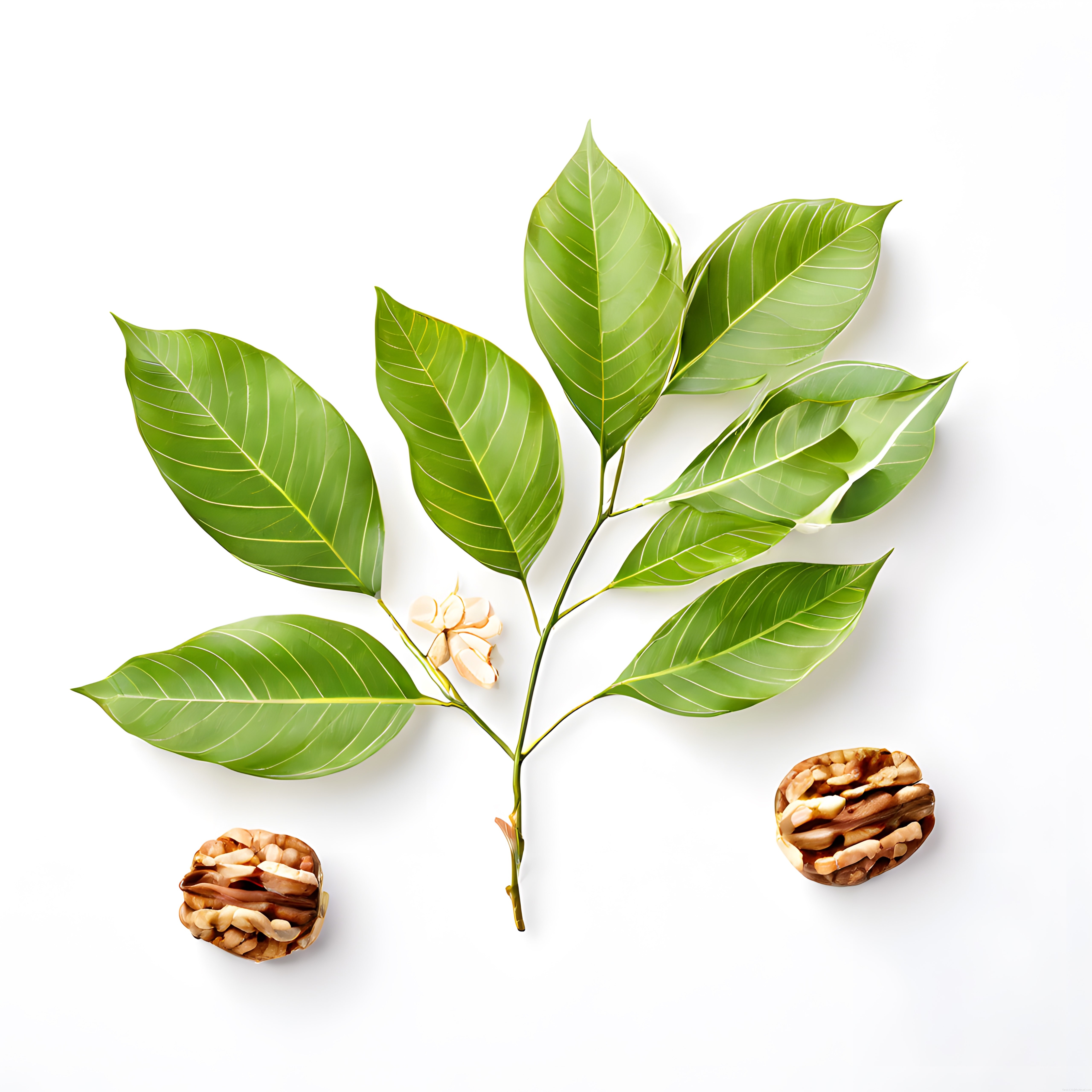 Yeşil yapraklı dal, küçük çiçek ve pecan cevizleriyle minimalist doğal kompozisyon
