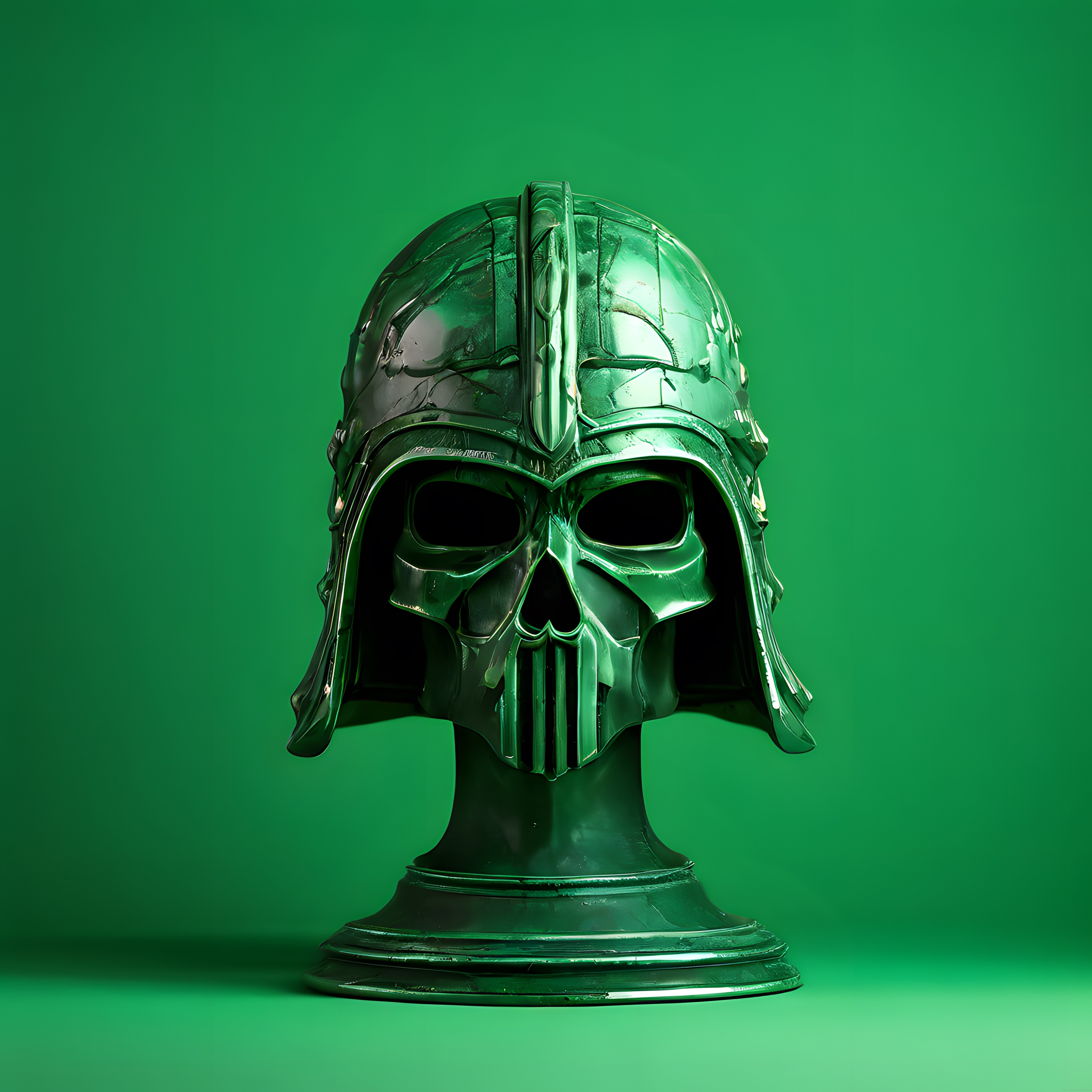 Yeşil Zeminde Metalik Kurukafa Kask: Darth Vader Esintili Dijital Sanat Eseri