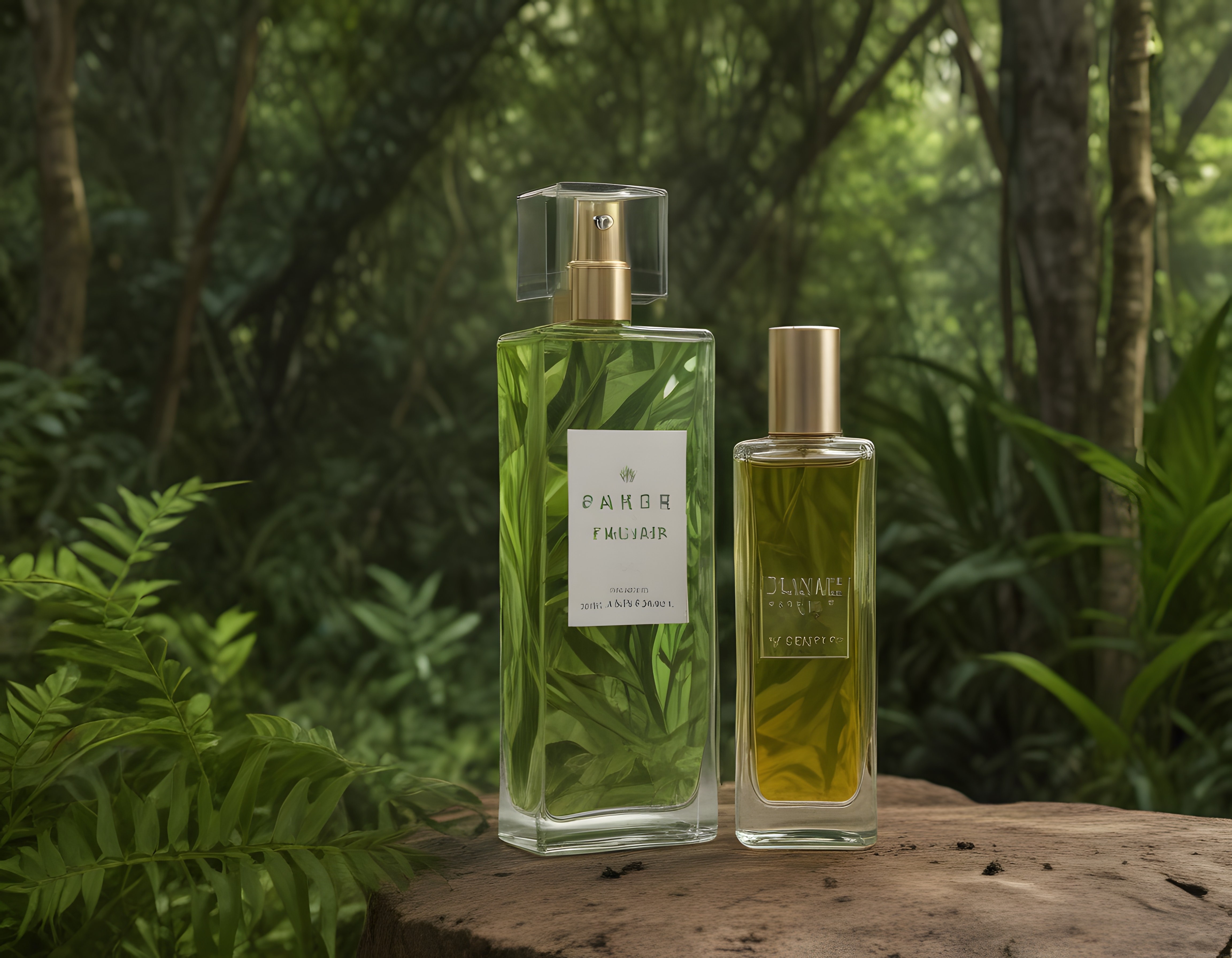 Yeşilin Büyüsü: Doğal Orman Arka Planında Lüks Parfüm Şişe Sunumu
