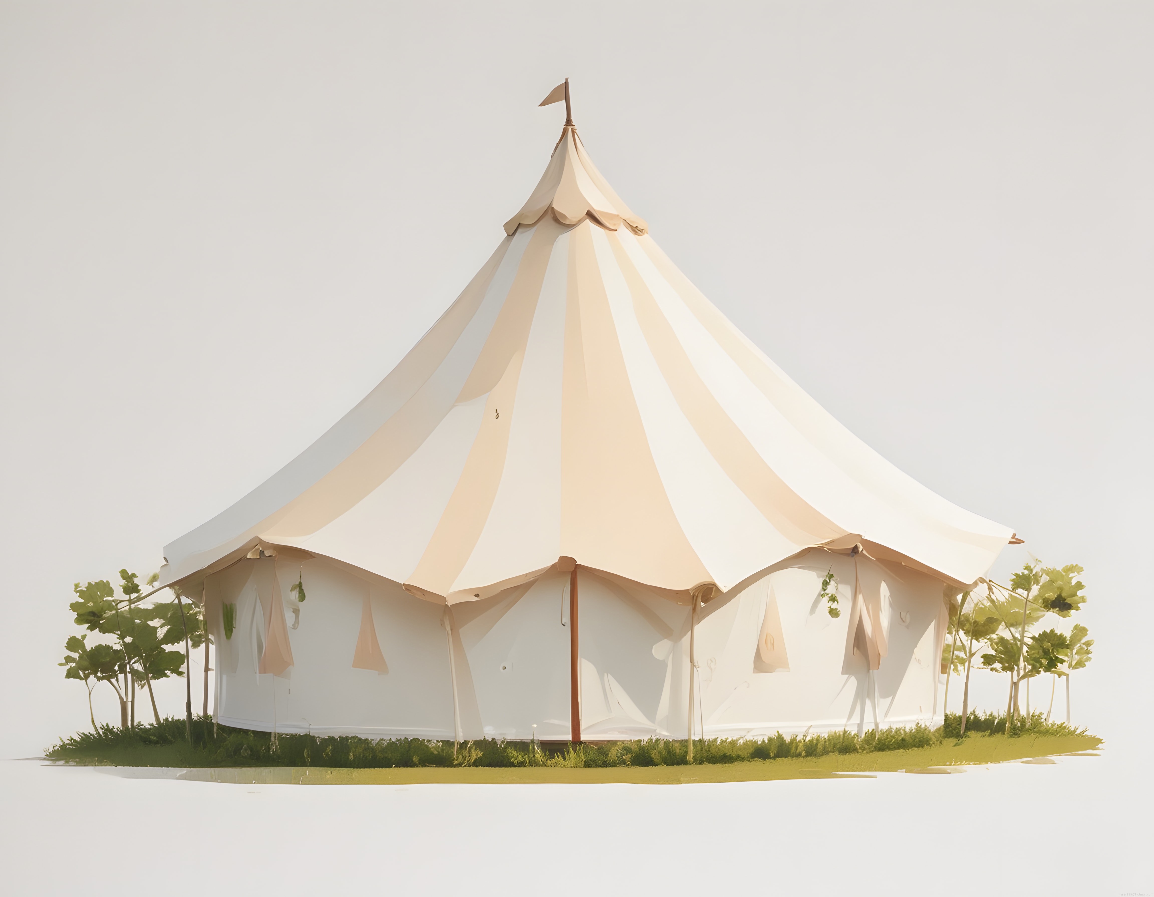 Yeşillikler Arasında Şık Beyaz Şeritli Lüks Glamping Çadırı Konsepti