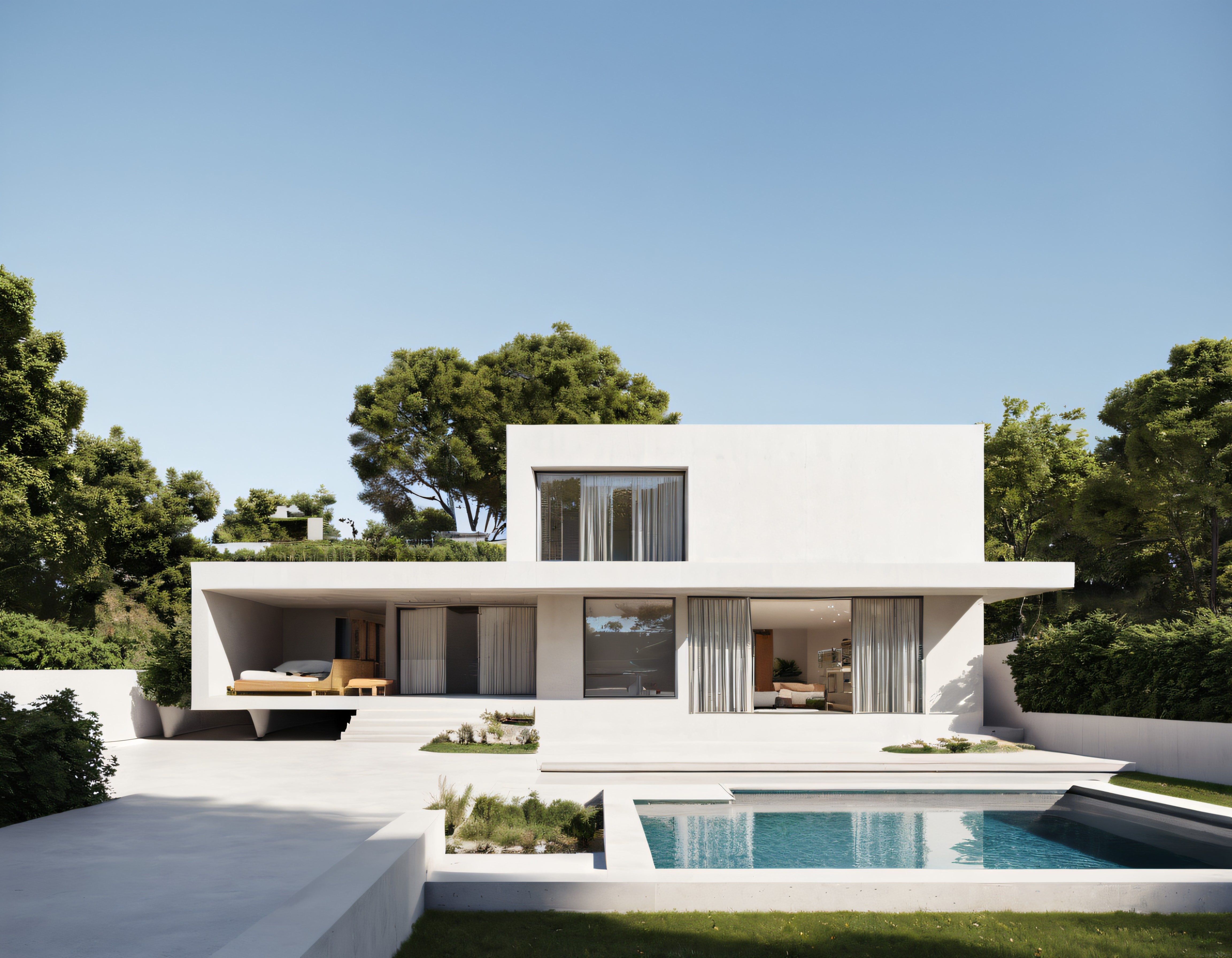 Yeşillikler İçinde Sıradışı Beyaz Villa ve Modern Yüzme Havuzu Tasarımı